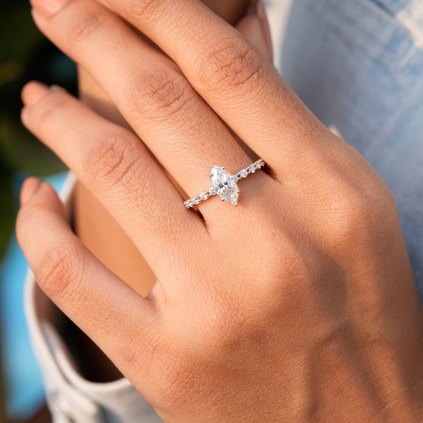 Round, Marquise Cut Colorless Engagement Ring