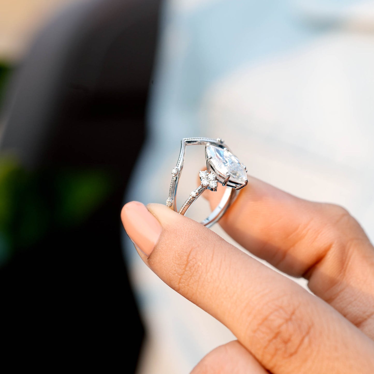 Round, Marquise Cut Colorless Engagement Ring