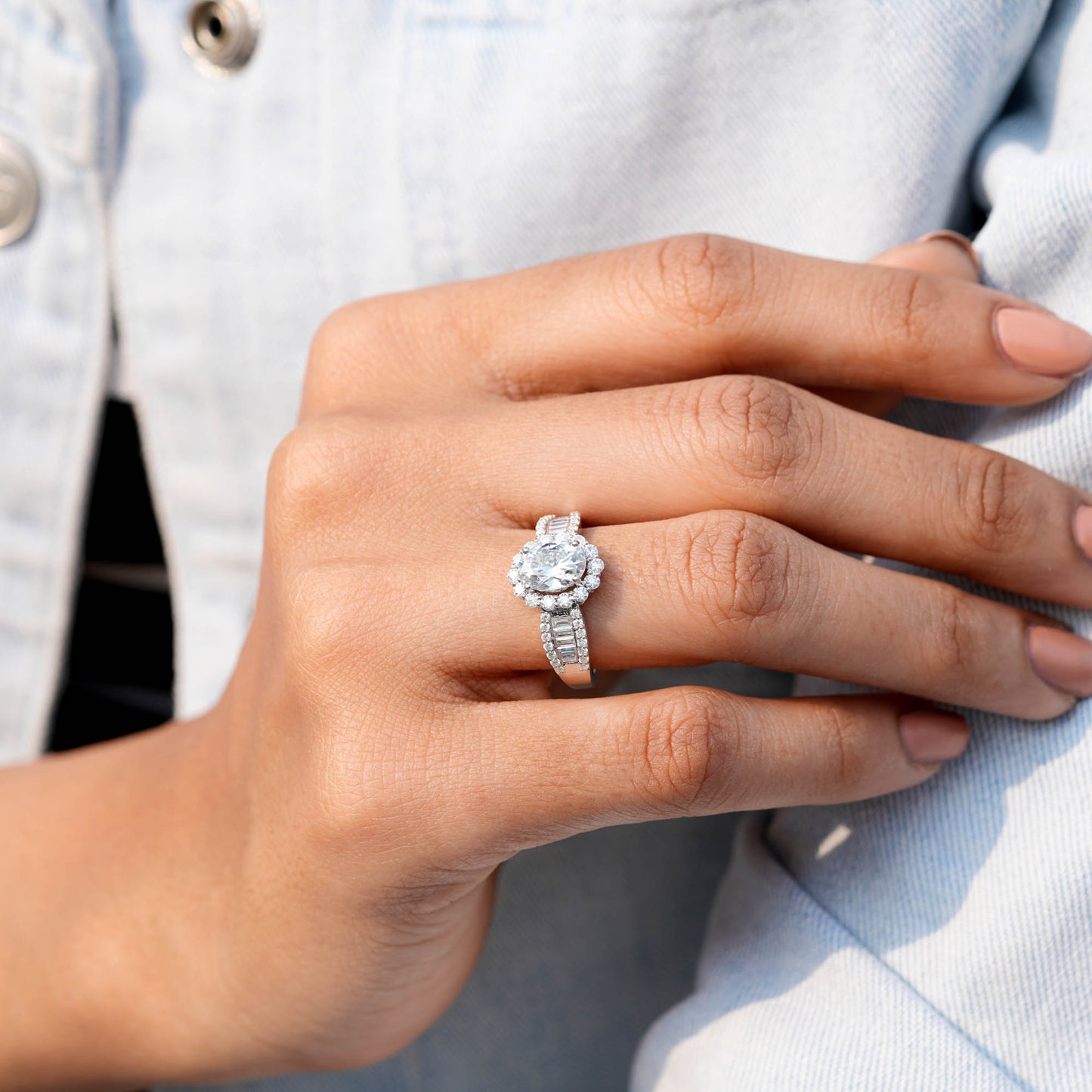 Oval, Round Baguette Cut Colorless Engagement Ring