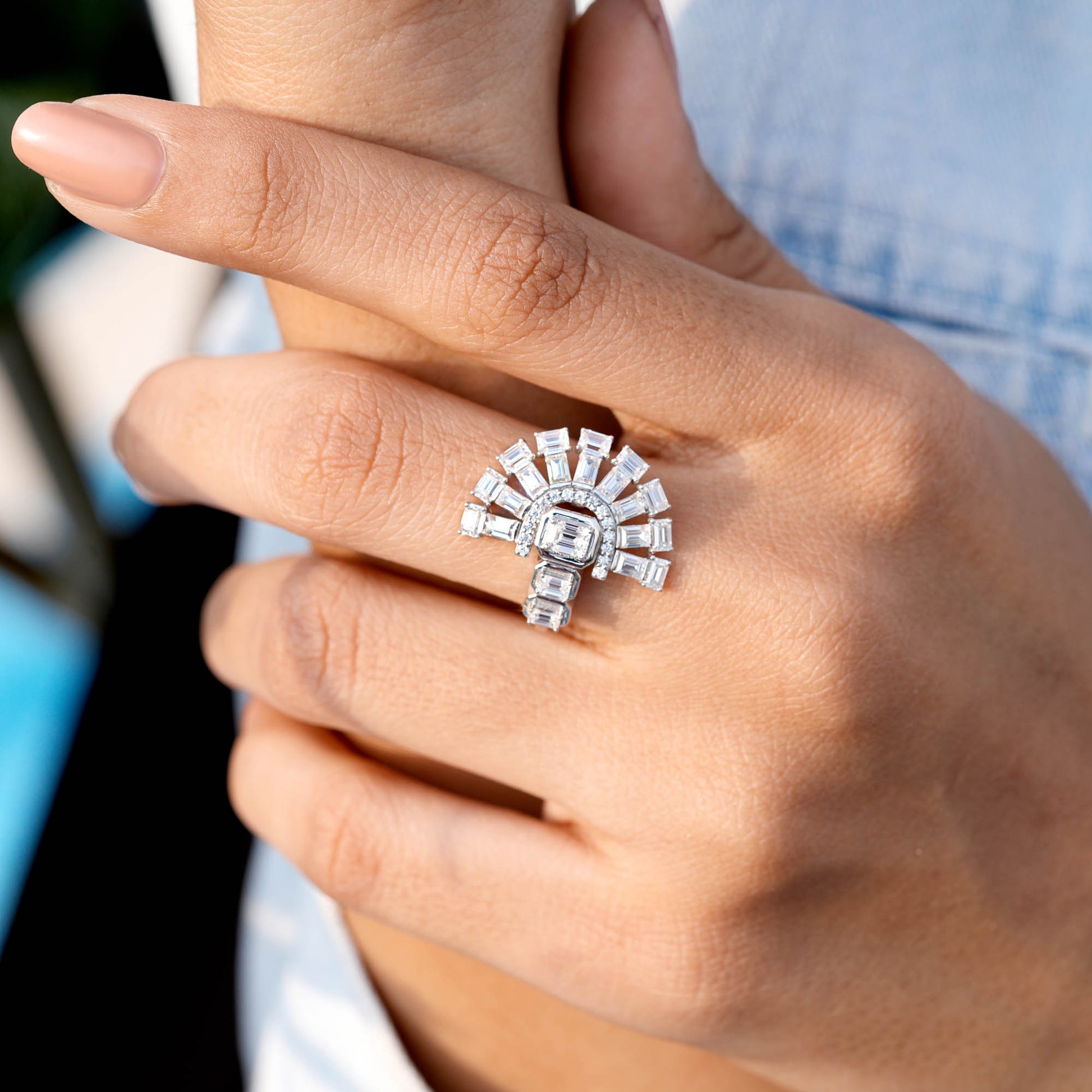 Emerald, Baguette, Round Cut Colorless Engagement Ring