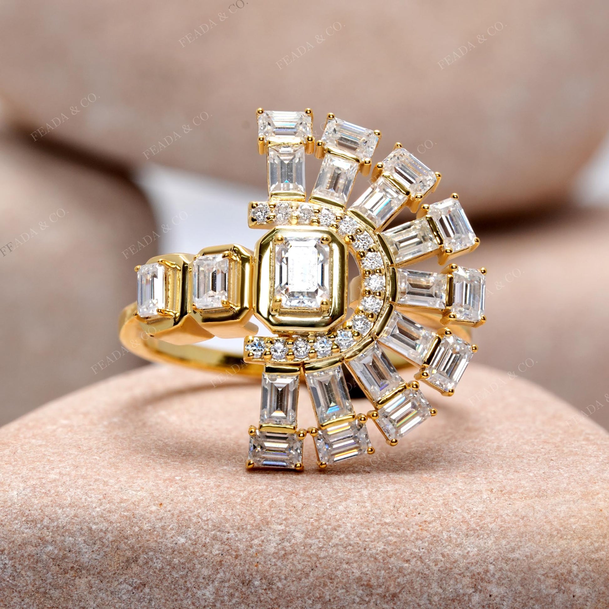 Emerald, Baguette, Round Cut Colorless Engagement Ring
