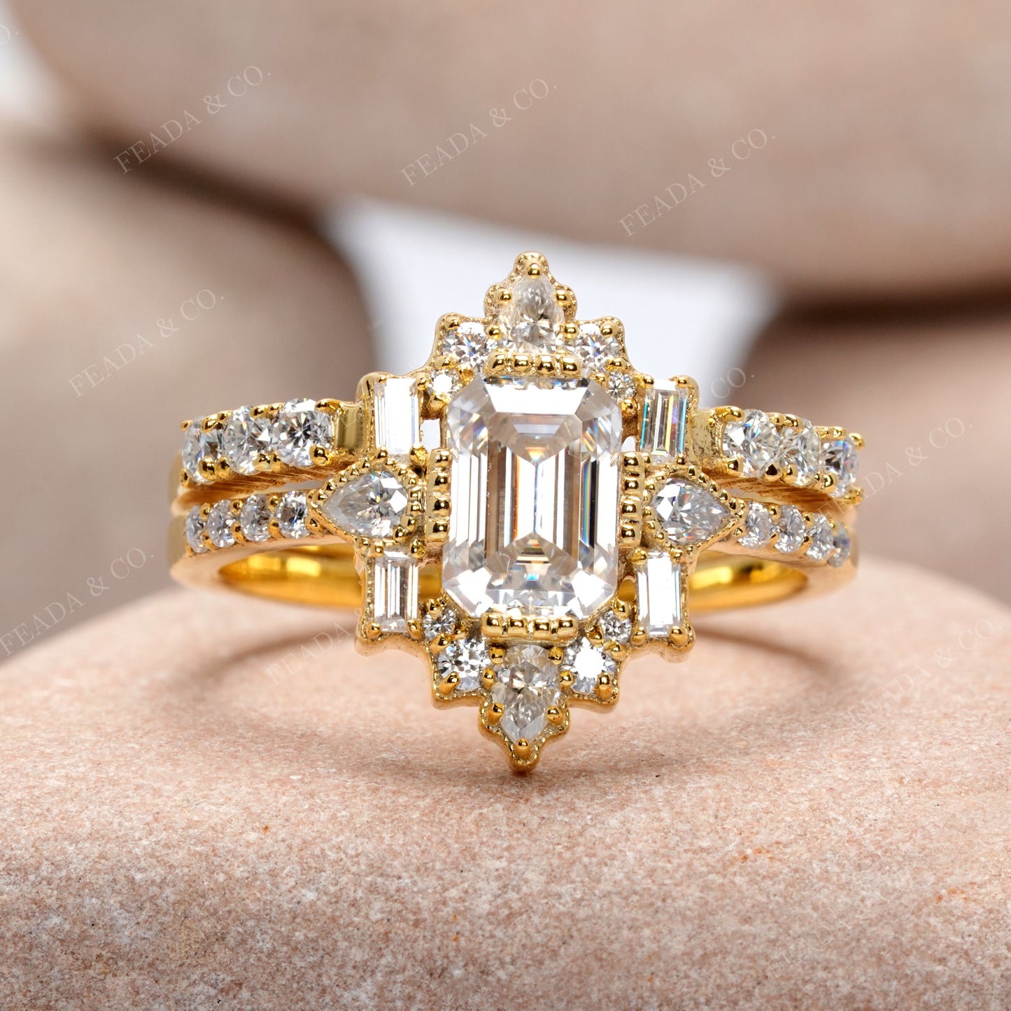Emerald, Pear, Baguette, Round Cut Colorless Engagement Ring