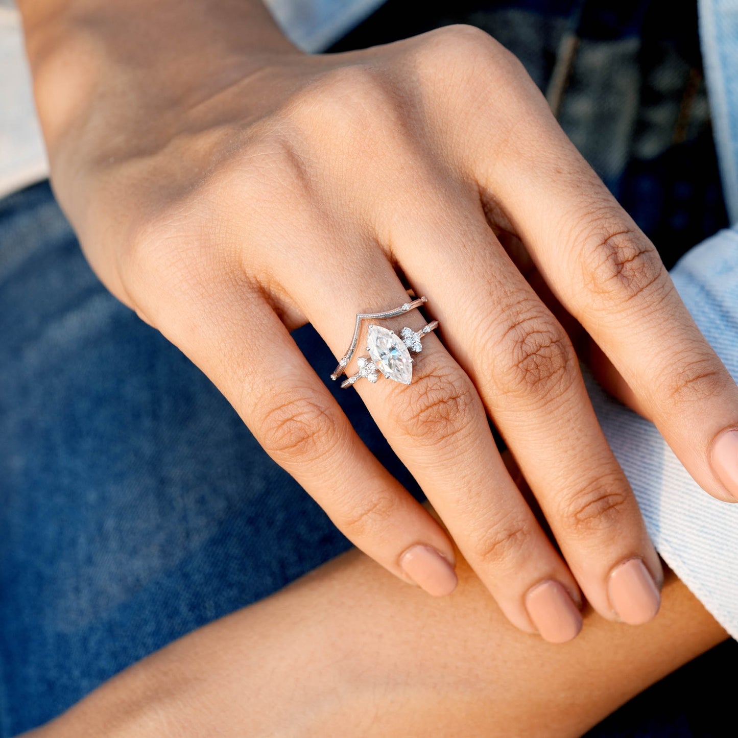 Round, Marquise Cut Colorless Engagement Ring