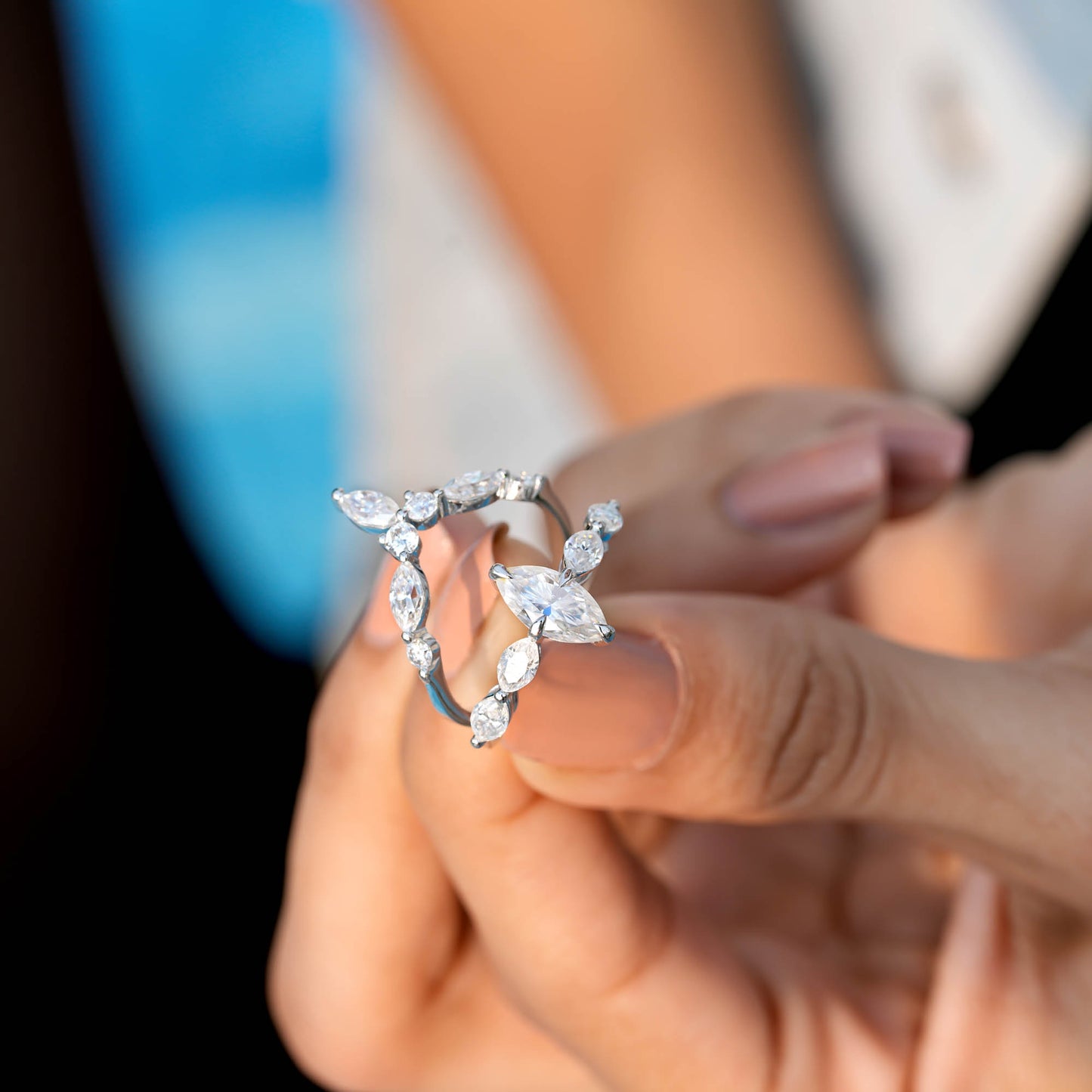 Round, Marquise Cut Colorless Engagement Ring