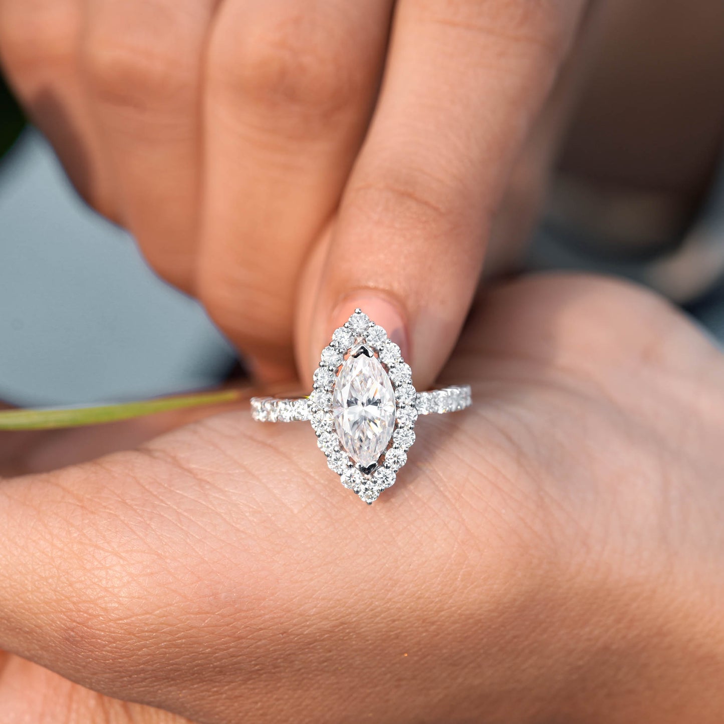 Marquise, Round Cut Colorless Engagement Ring