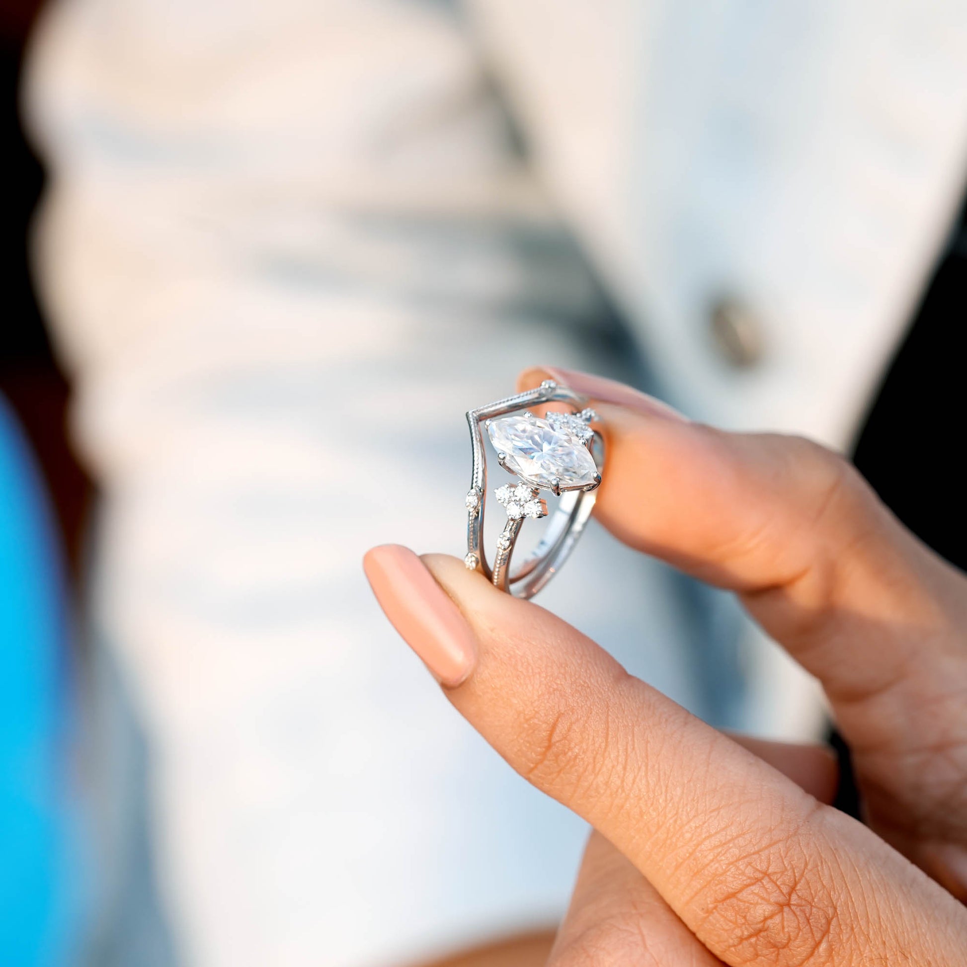 Round, Marquise Cut Colorless Engagement Ring