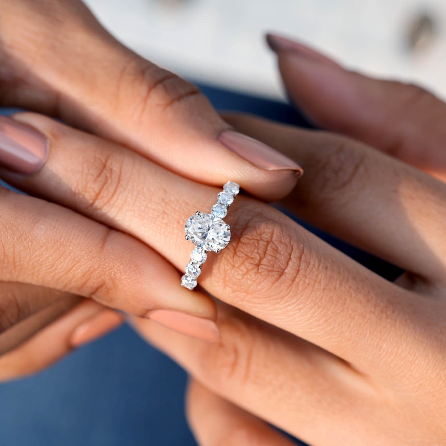 Oval, Round Cut Colorless Engagement Ring
