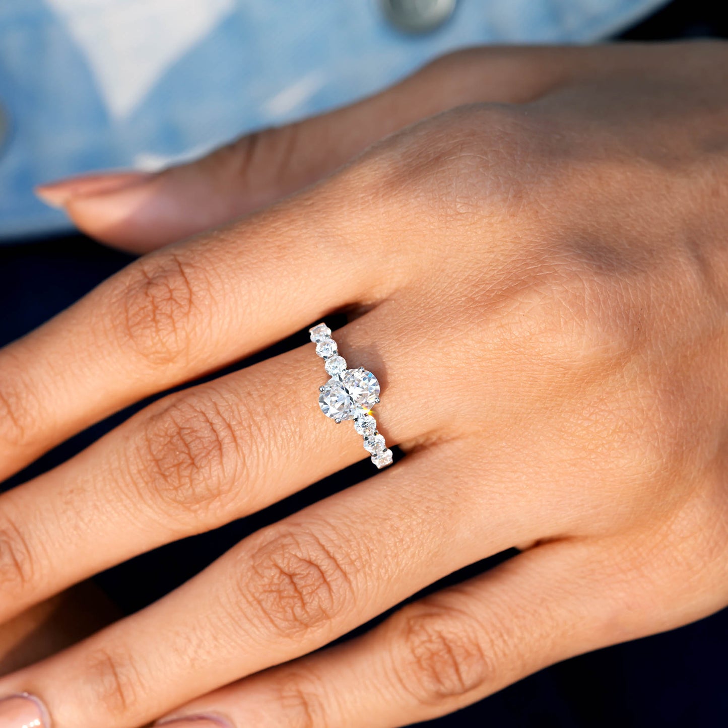 Oval, Round Cut Colorless Engagement Ring
