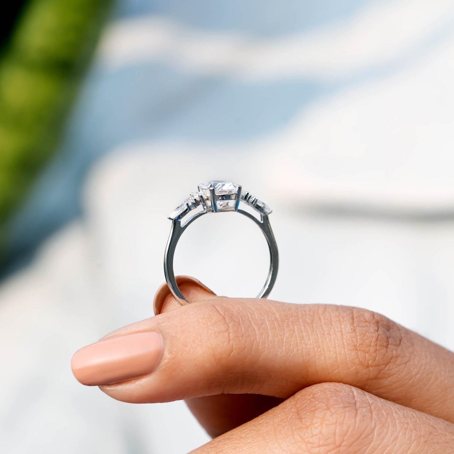 Round, Oval, Marquise Cut Colorless Engagement Ring