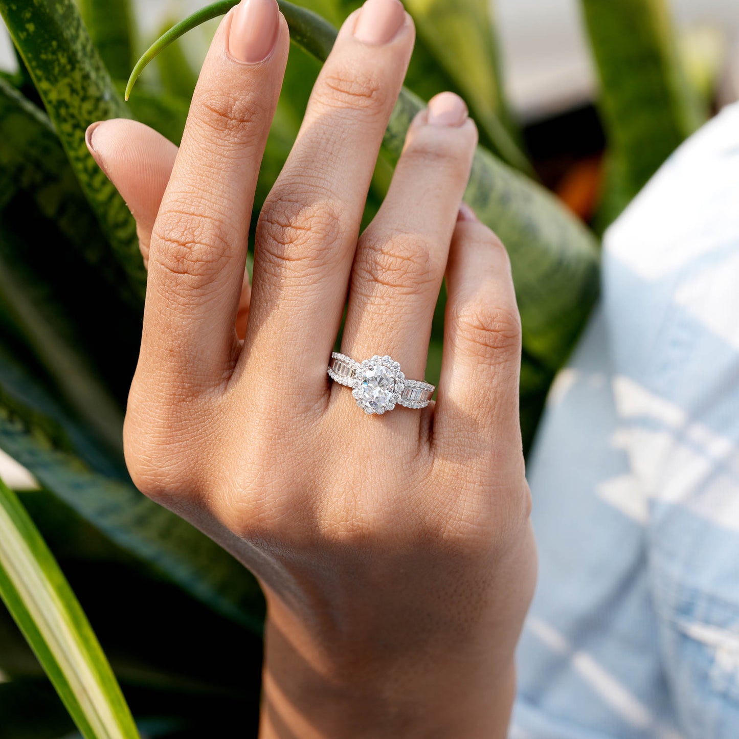 Oval, Round Baguette Cut Colorless Engagement Ring