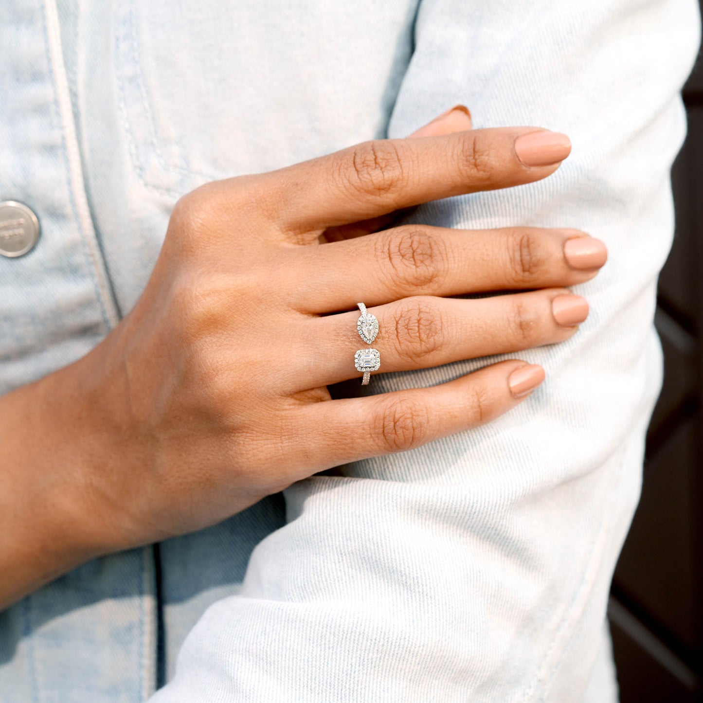 Emerald Pear Premium Halo Adjustable Ring