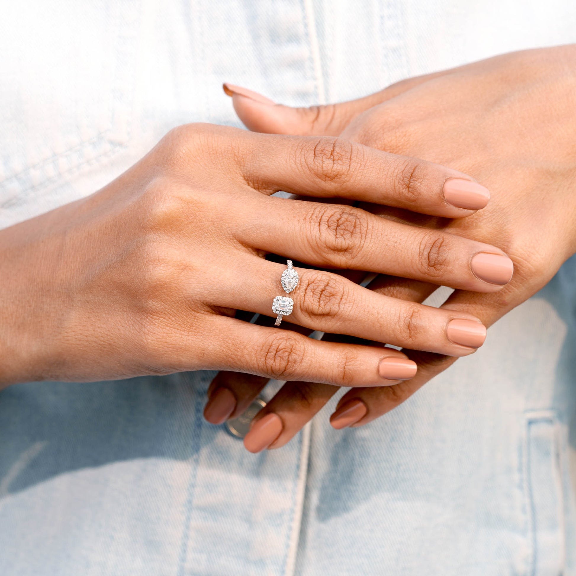 Emerald Pear Premium Halo Adjustable Ring