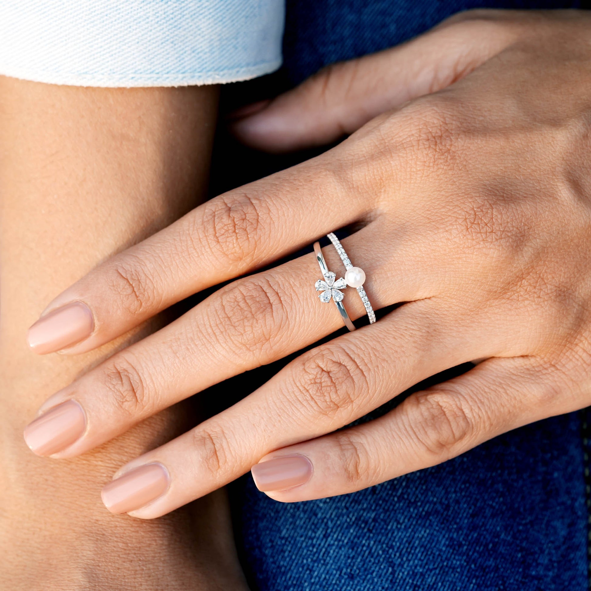 Round, Pear Cut Colorless Pearl Engagement Ring