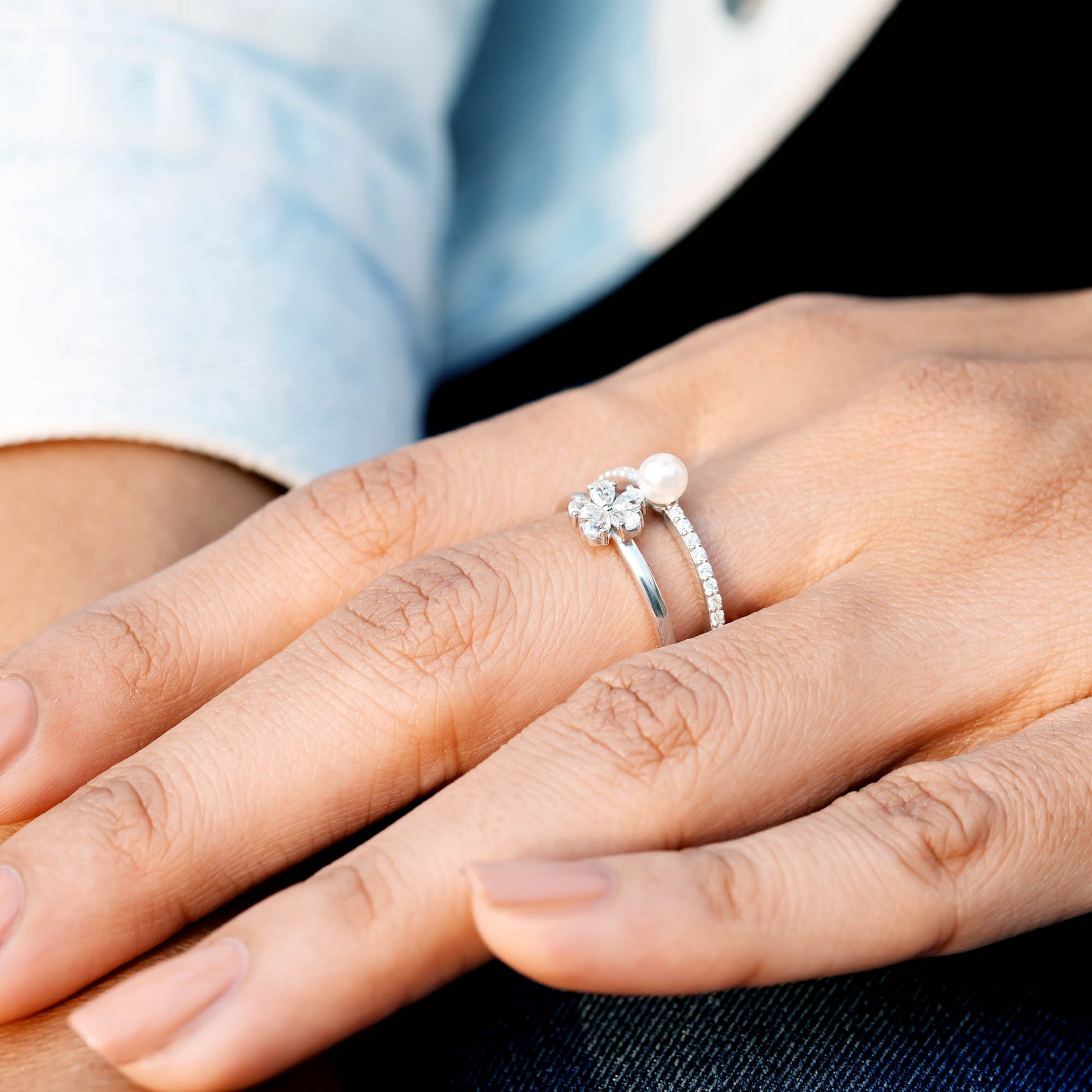 Round, Pear Cut Colorless Pearl Engagement Ring