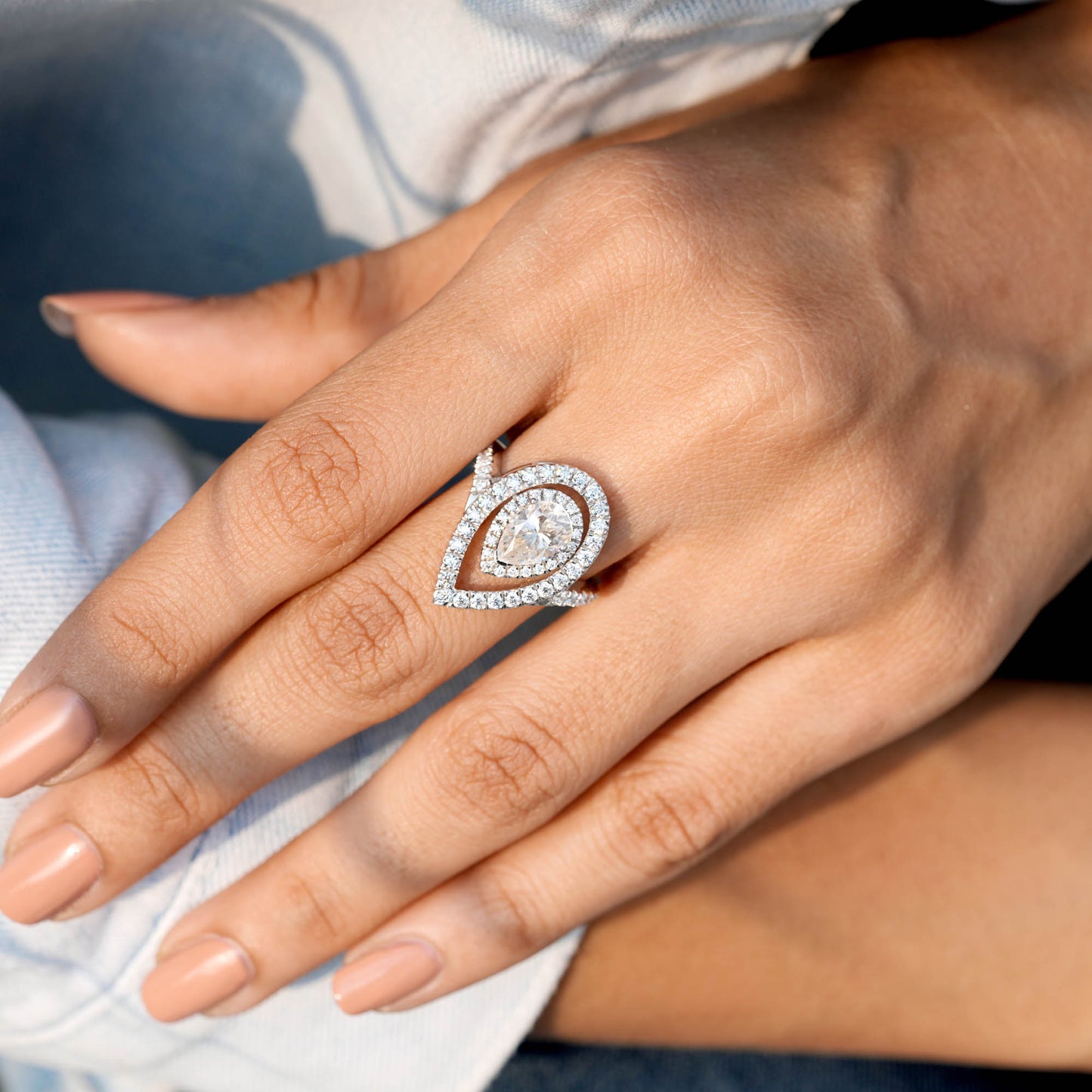 Pear, Round Cut Colorless Engagement Ring