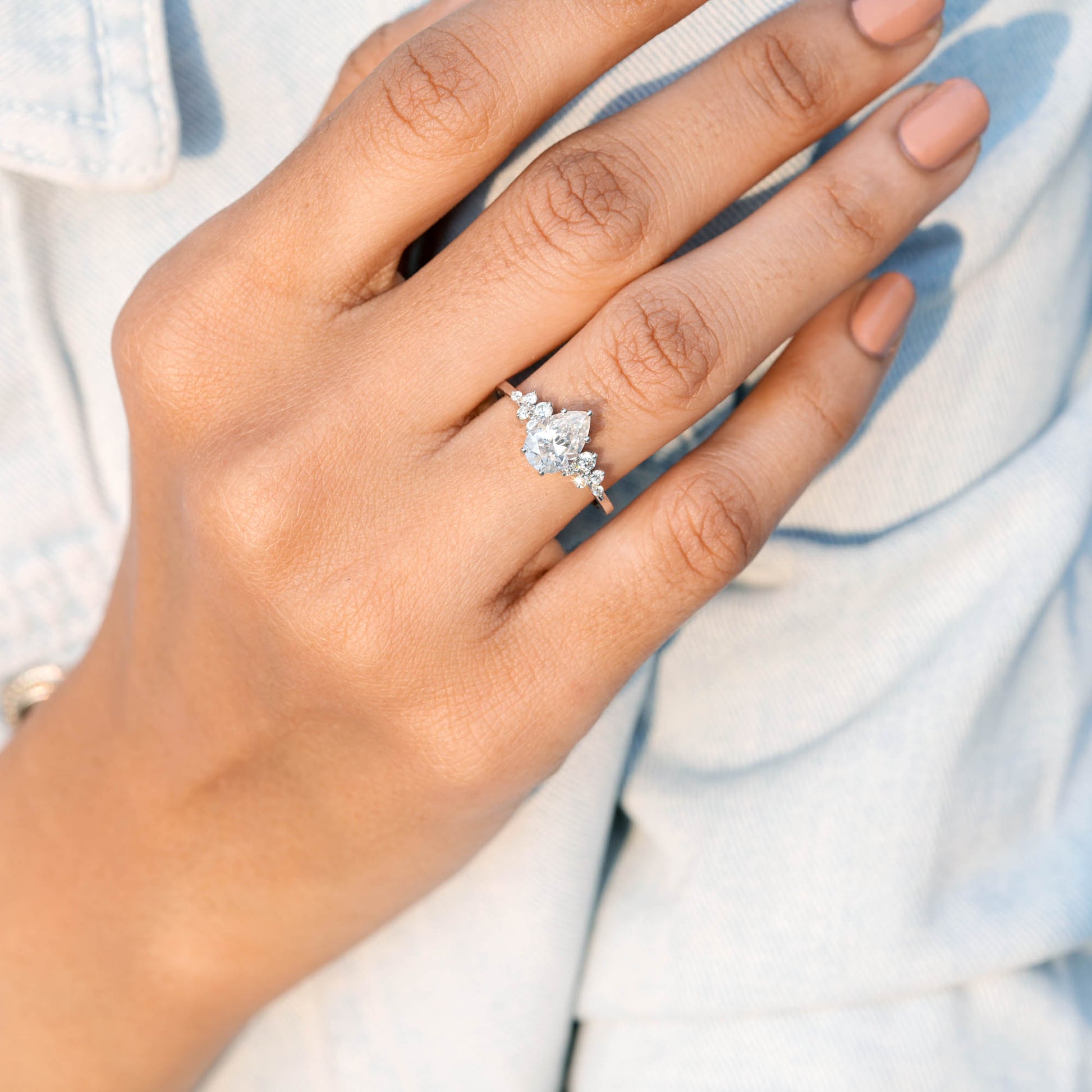 Pear, Round Cut Colorless Engagement Ring