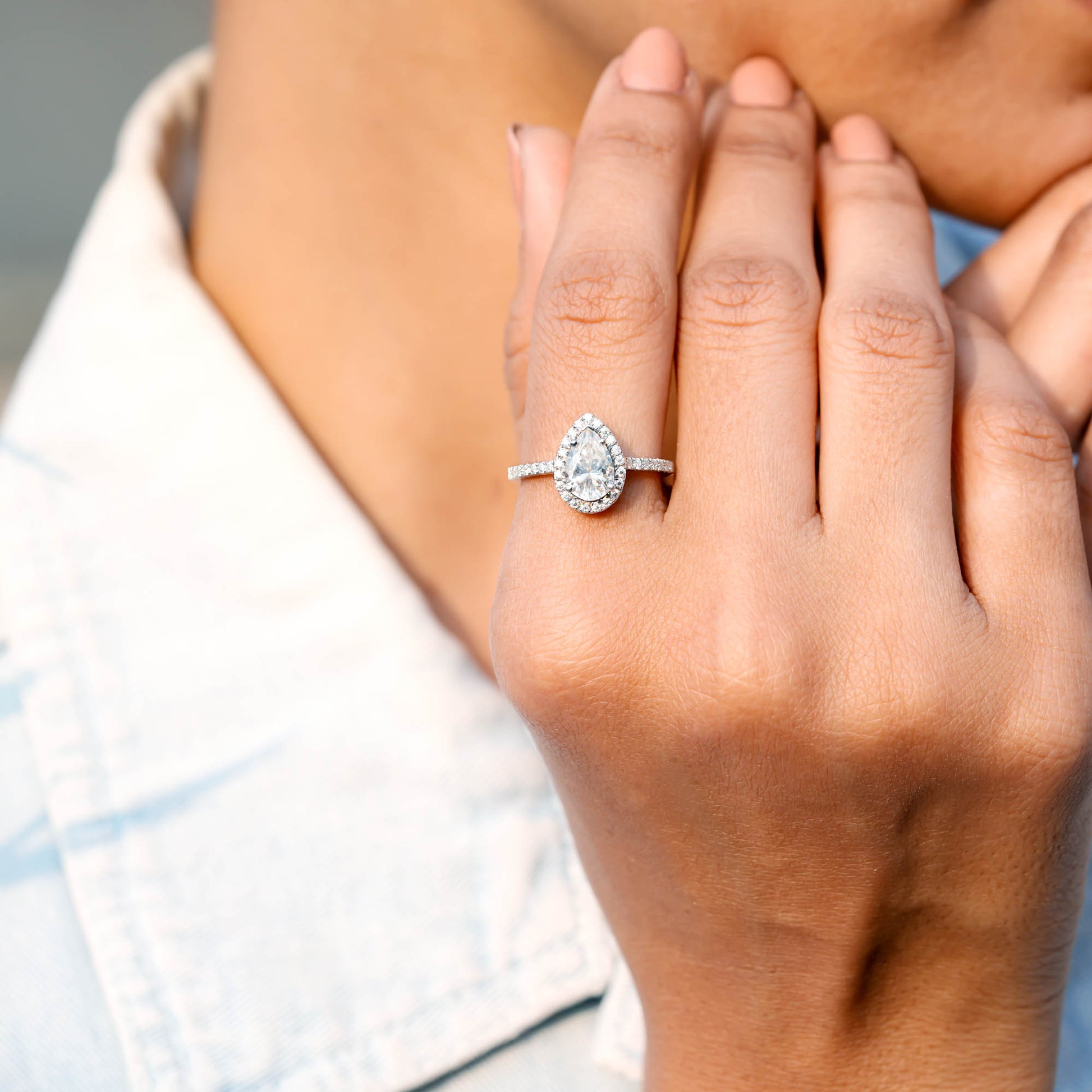 Pear, Round Cut Colorless Engagement Ring