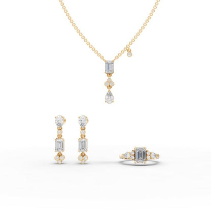 Pear & Emerald Moissanite Diamond Jewelry Set with Pendant, Earrings & Cluster Ring