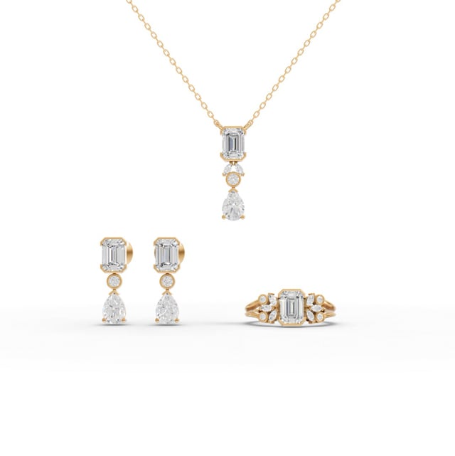 Emerald & Pear Moissanite Diamond Jewelry Set with Necklace, Earrings & Cluster Ring