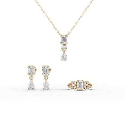 Emerald & Pear Moissanite Diamond Jewelry Set with Necklace, Earrings & Cluster Ring