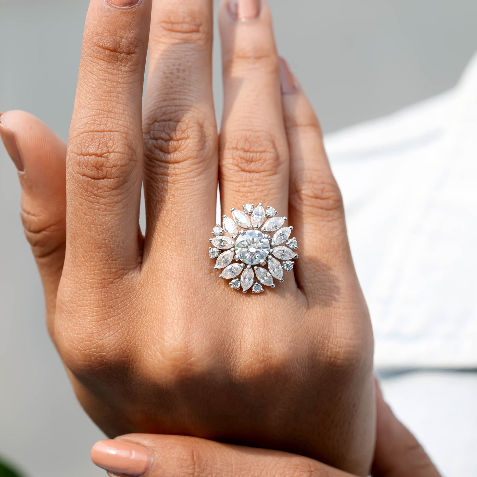 Round, Marquise Cut Colorless Engagement Ring