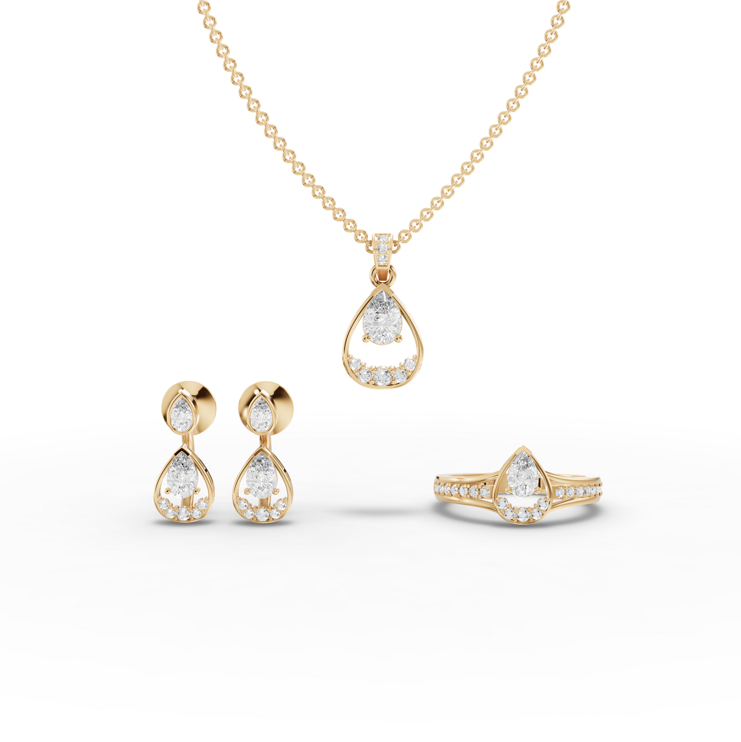 Pear Moissanite Diamond Teardrop Jewelry Set with Ring, Earrings & Necklace