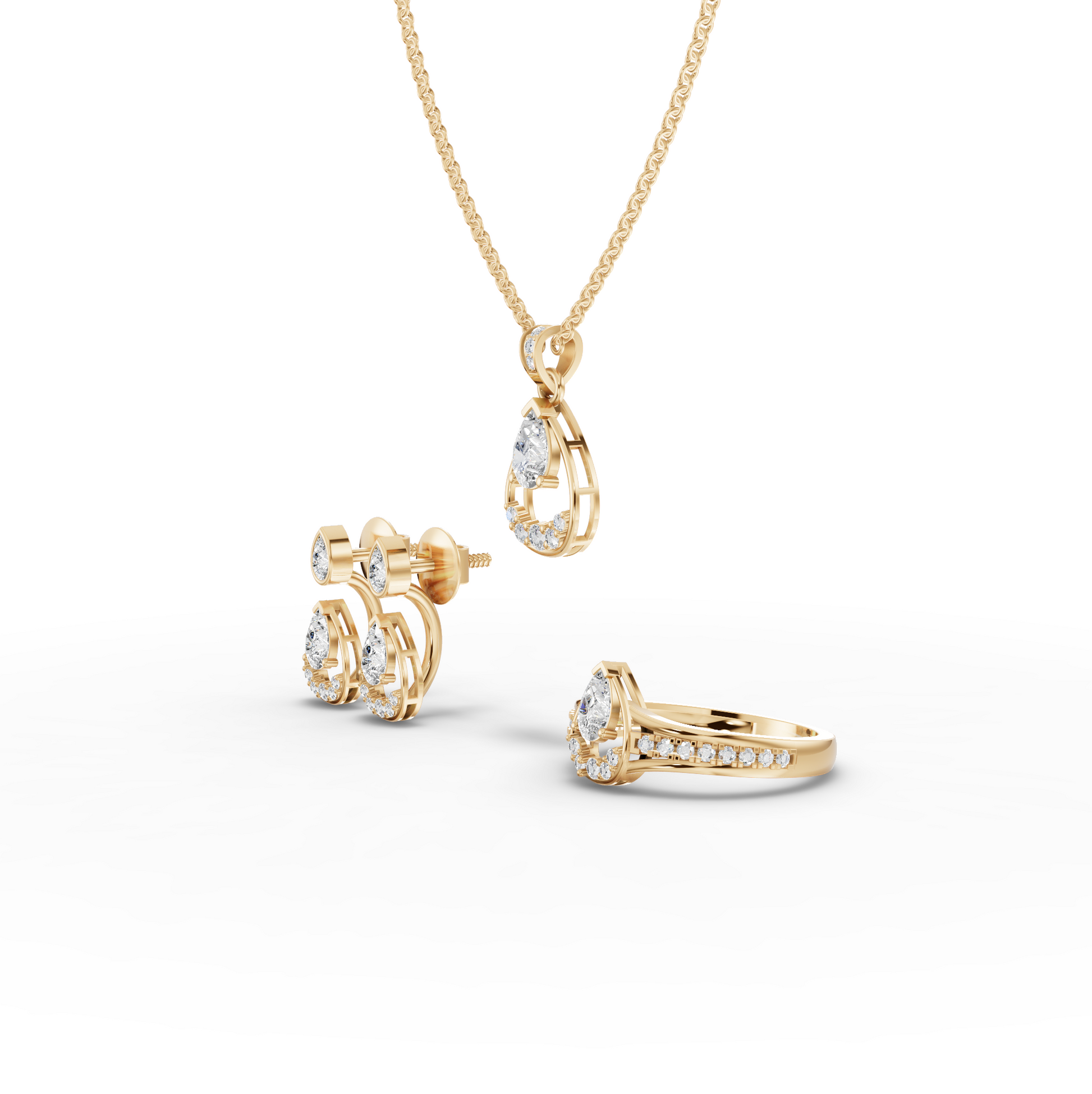 Pear Moissanite Diamond Teardrop Jewelry Set with Ring, Earrings & Necklace