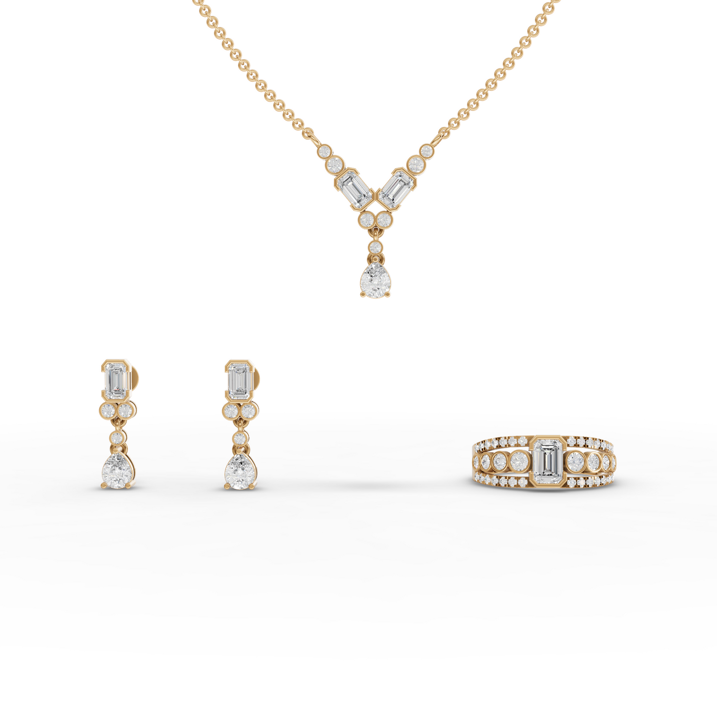 Graduated Bezel Moissanite Diamond Jewelry Set with Pendant, Earrings & Ring