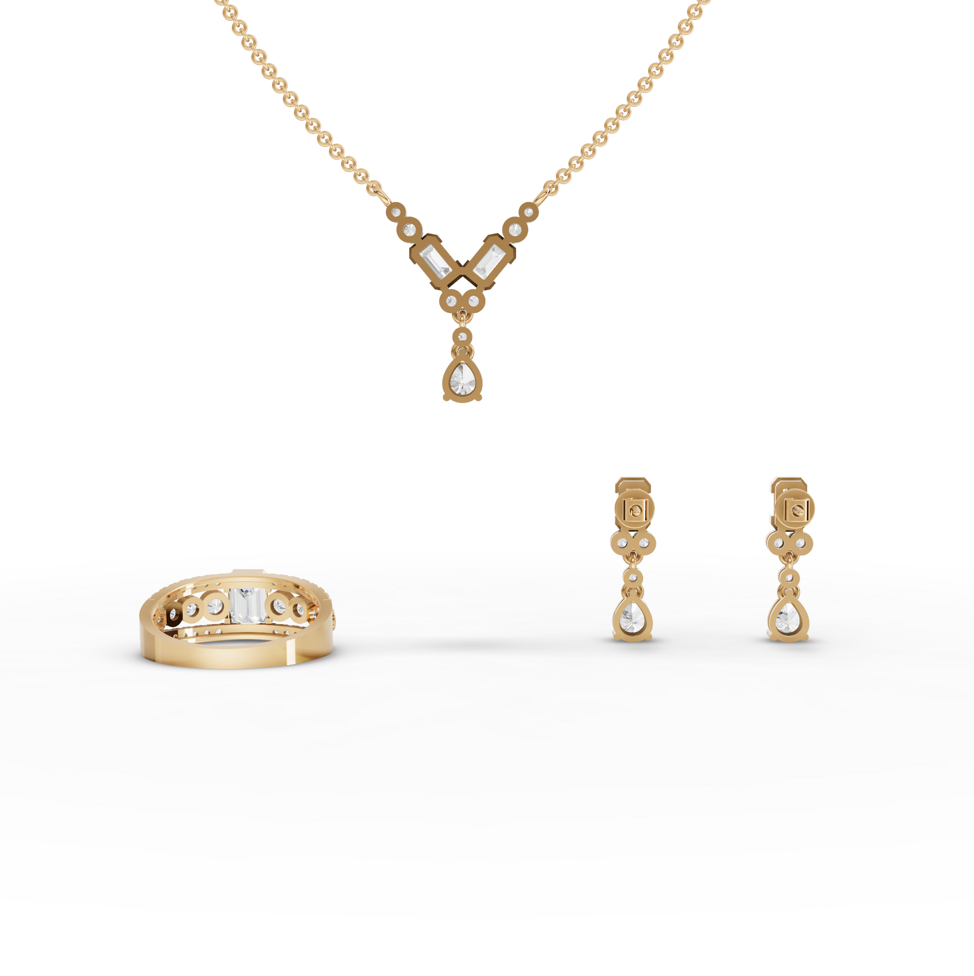 Graduated Bezel Moissanite Diamond Jewelry Set with Pendant, Earrings & Ring