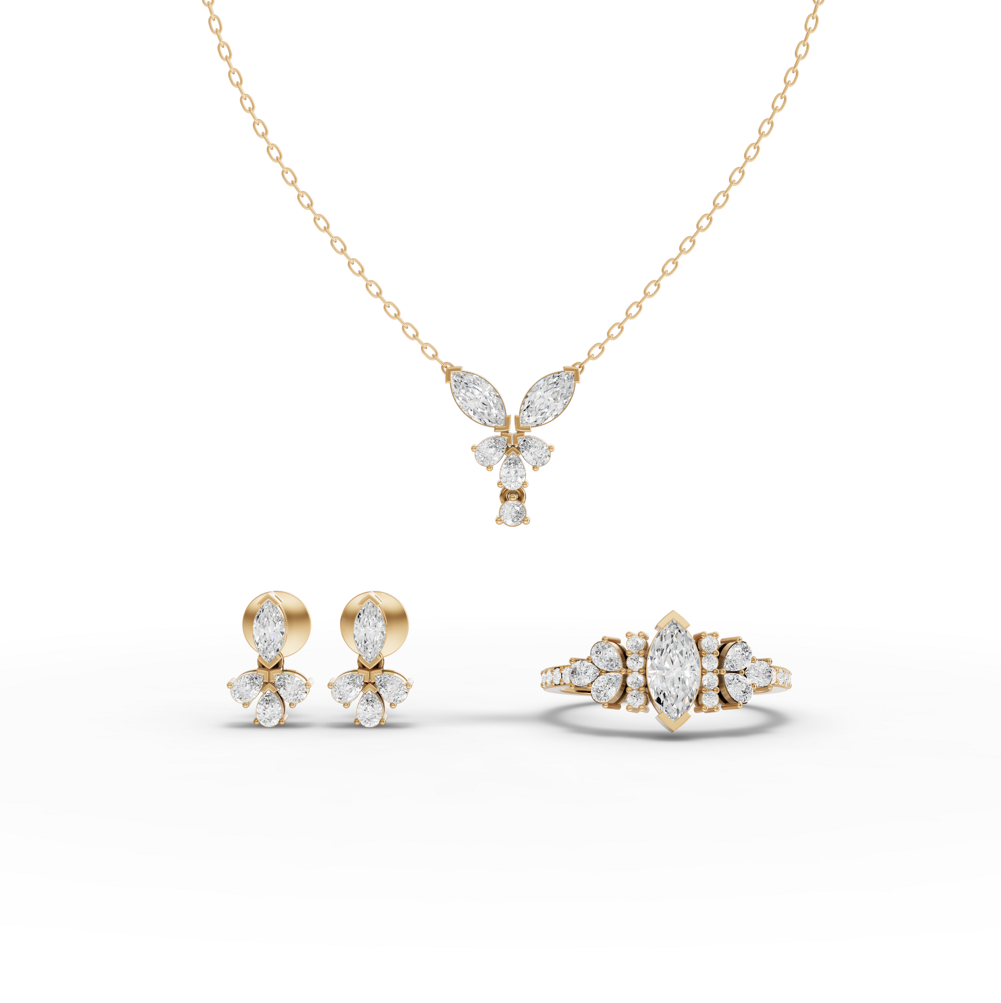 Marquise Moissanite Diamond Floral Jewelry Set with Pendant, Earrings & Pavé Ring