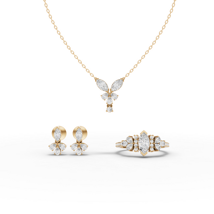 Marquise Moissanite Diamond Floral Jewelry Set with Pendant, Earrings & Pavé Ring