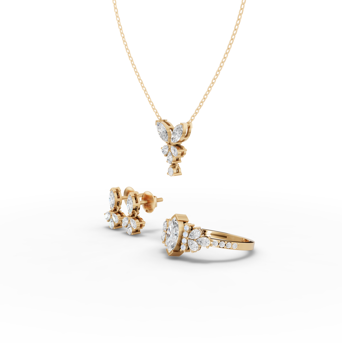 Marquise Moissanite Diamond Floral Jewelry Set with Pendant, Earrings & Pavé Ring