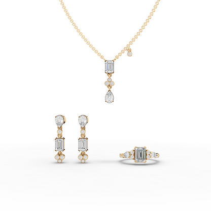 Pear & Emerald Moissanite Diamond Jewelry Set with Pendant, Earrings & Cluster Ring