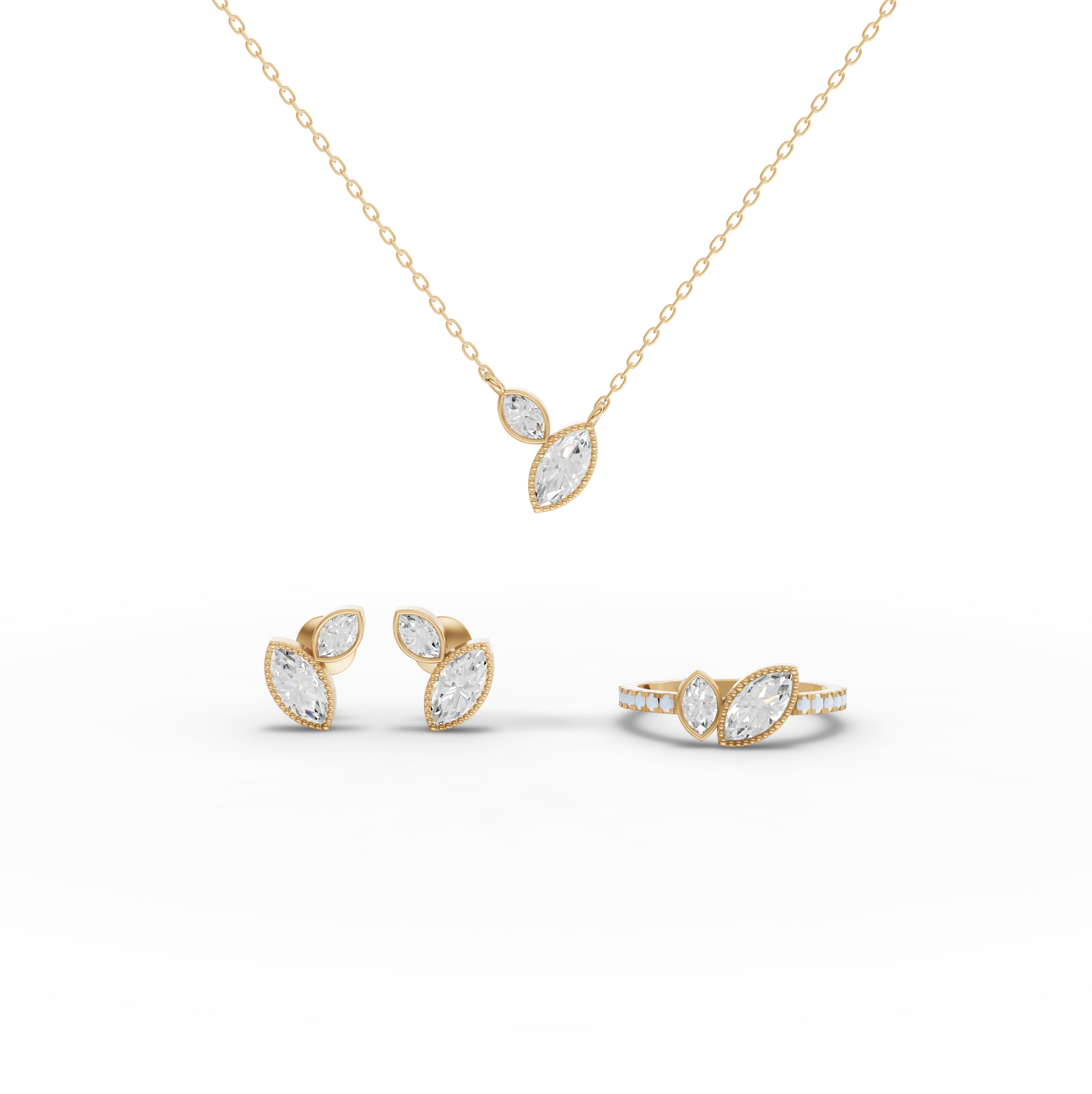 Marquise Moissanite Diamond Two-Stone Pavé Bypass Jewelry Set