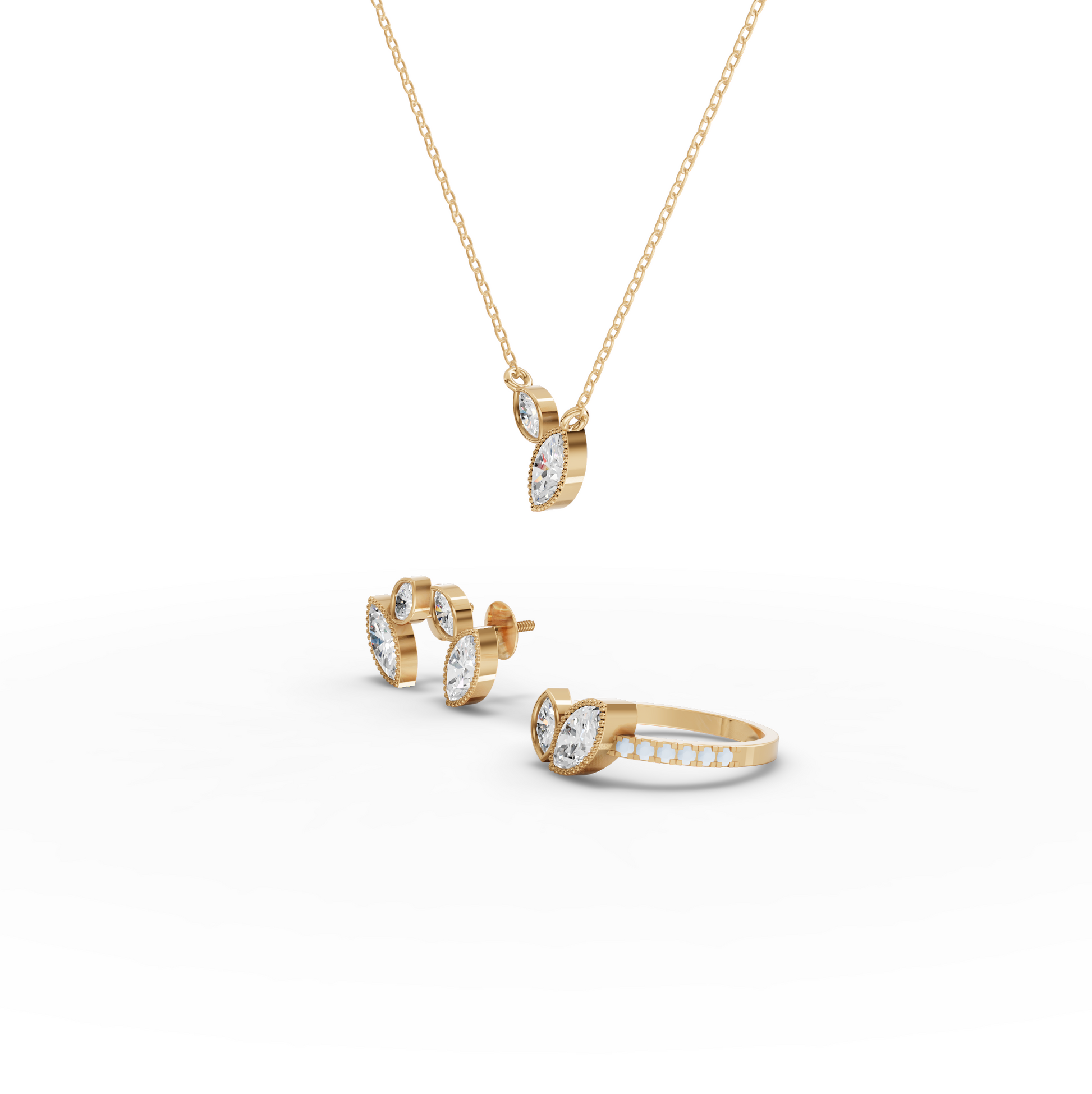 Marquise Moissanite Diamond Two-Stone Pavé Bypass Jewelry Set