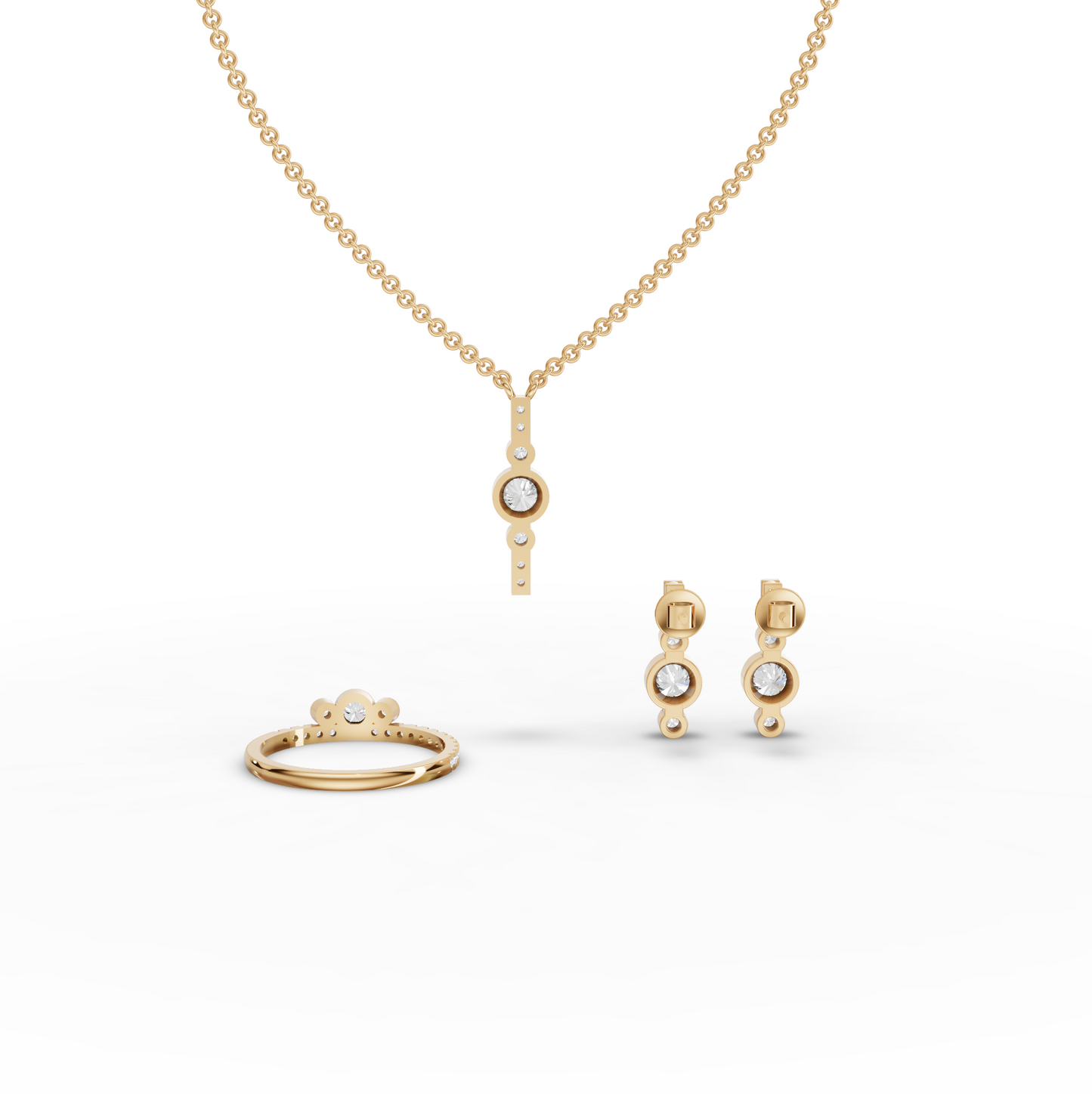 Modern Bezel Moissanite Diamond Jewelry Set with Pendant, Earrings & Three-Stone Ring