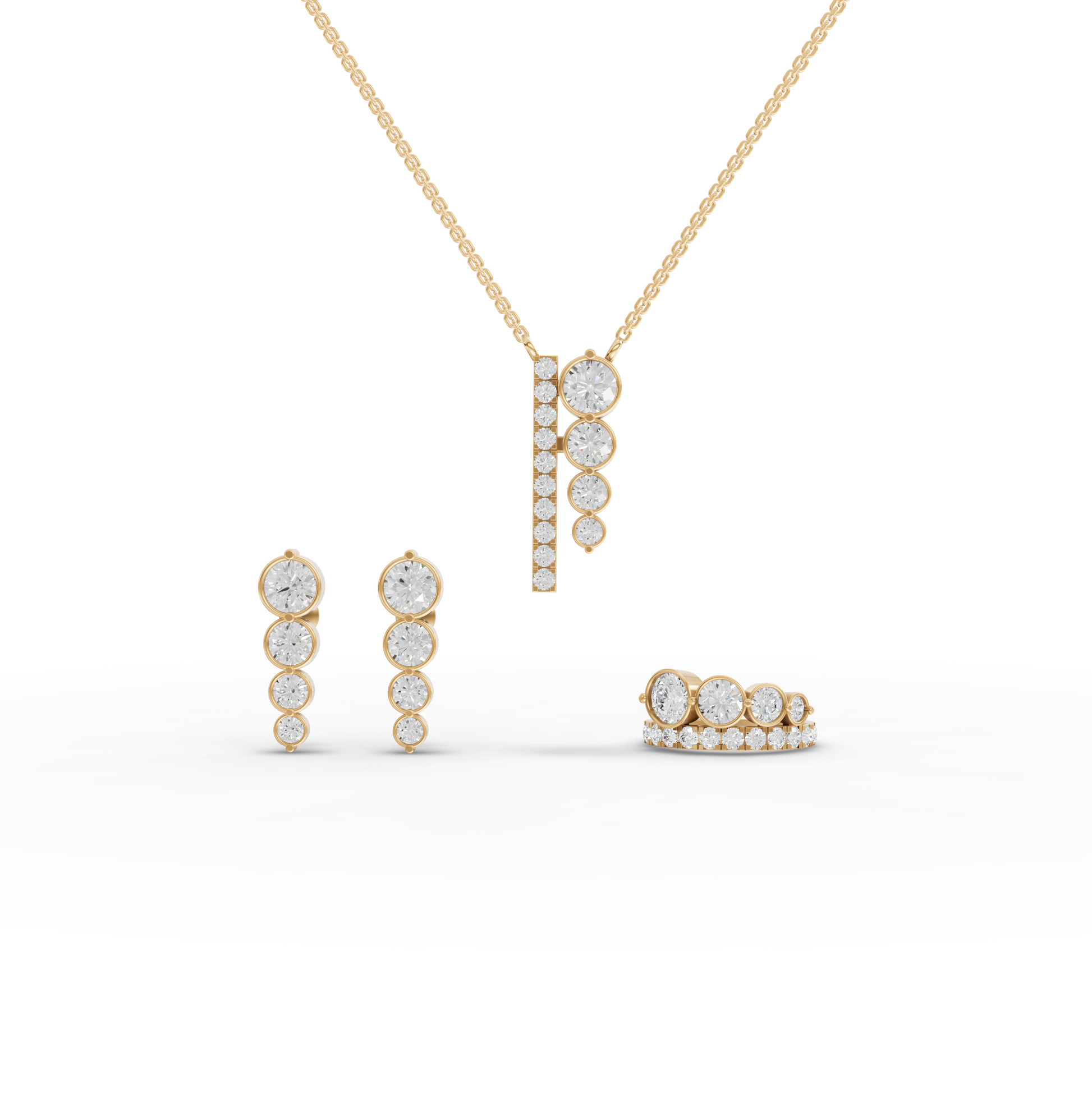 Graduated Bezel Moissanite Diamond Jewelry Set with Pendant, Earrings & Ring
