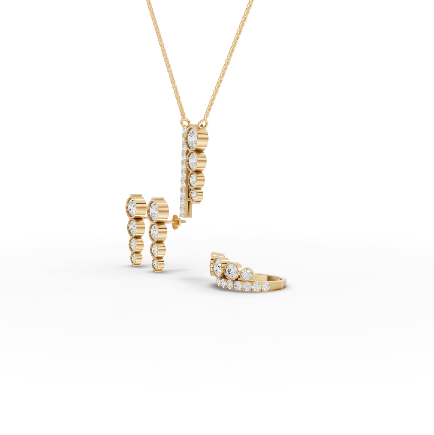 Graduated Bezel Moissanite Diamond Jewelry Set with Pendant, Earrings & Ring