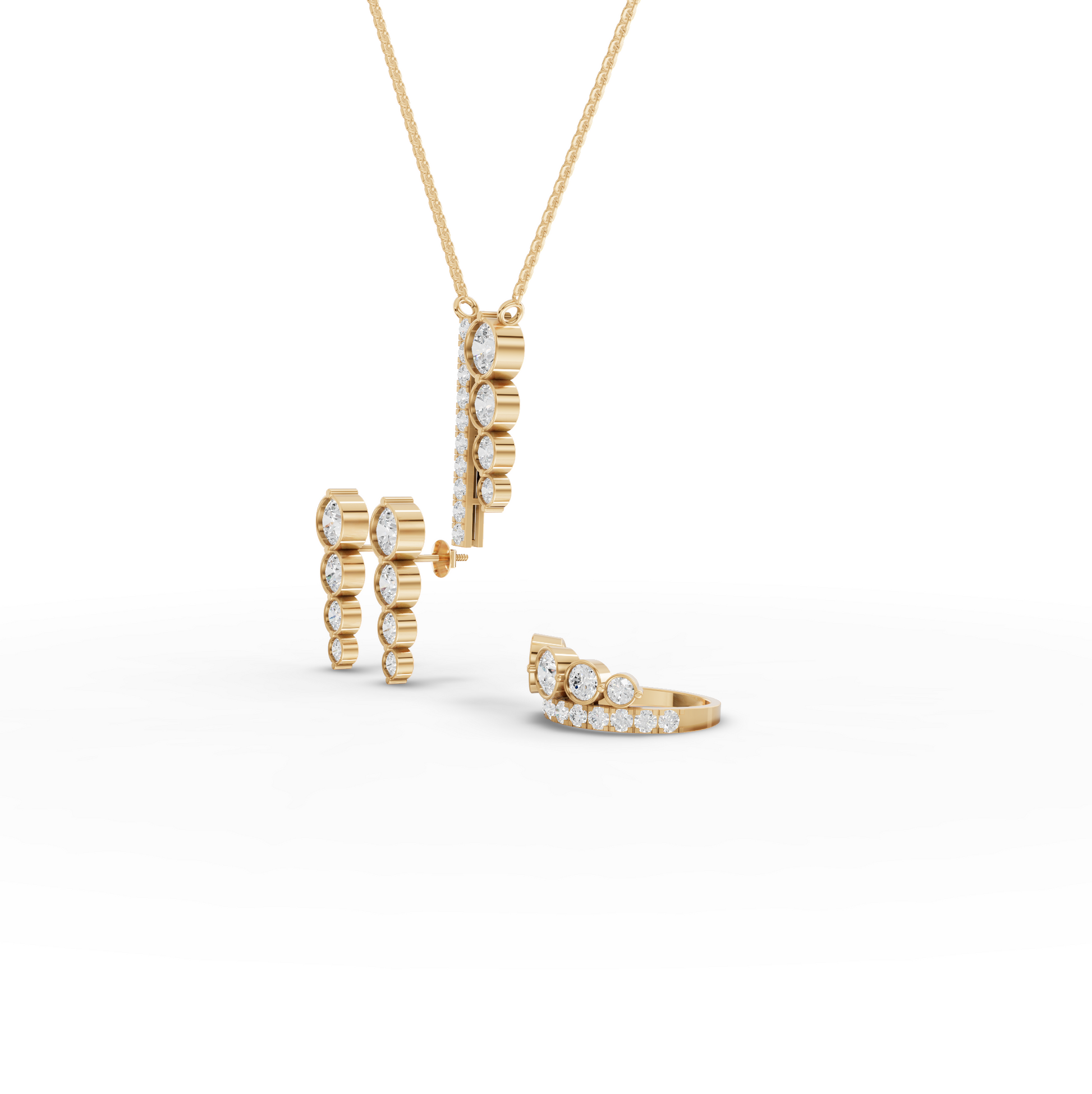 Graduated Bezel Moissanite Diamond Jewelry Set with Pendant, Earrings & Ring