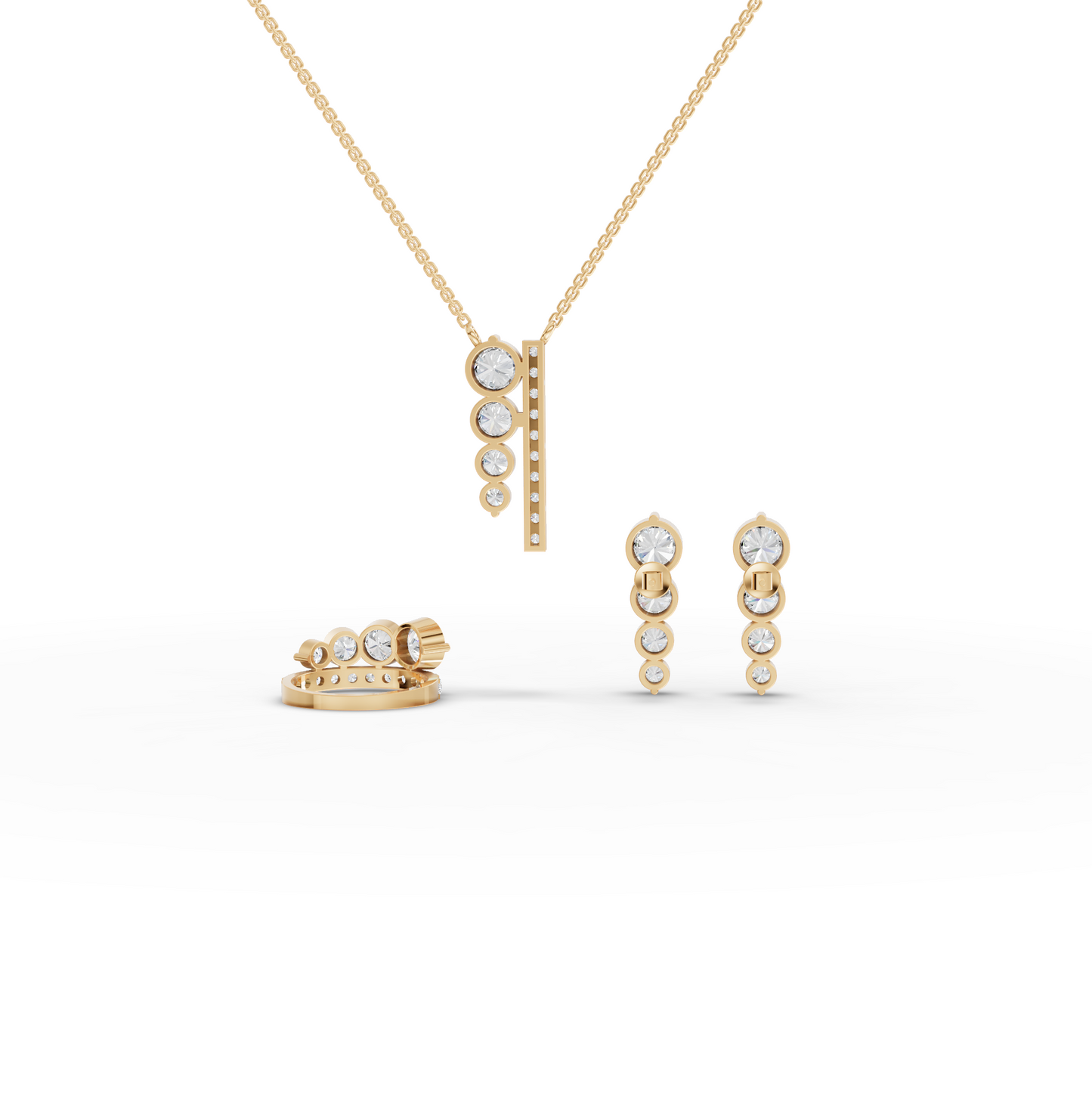 Graduated Bezel Moissanite Diamond Jewelry Set with Pendant, Earrings & Ring
