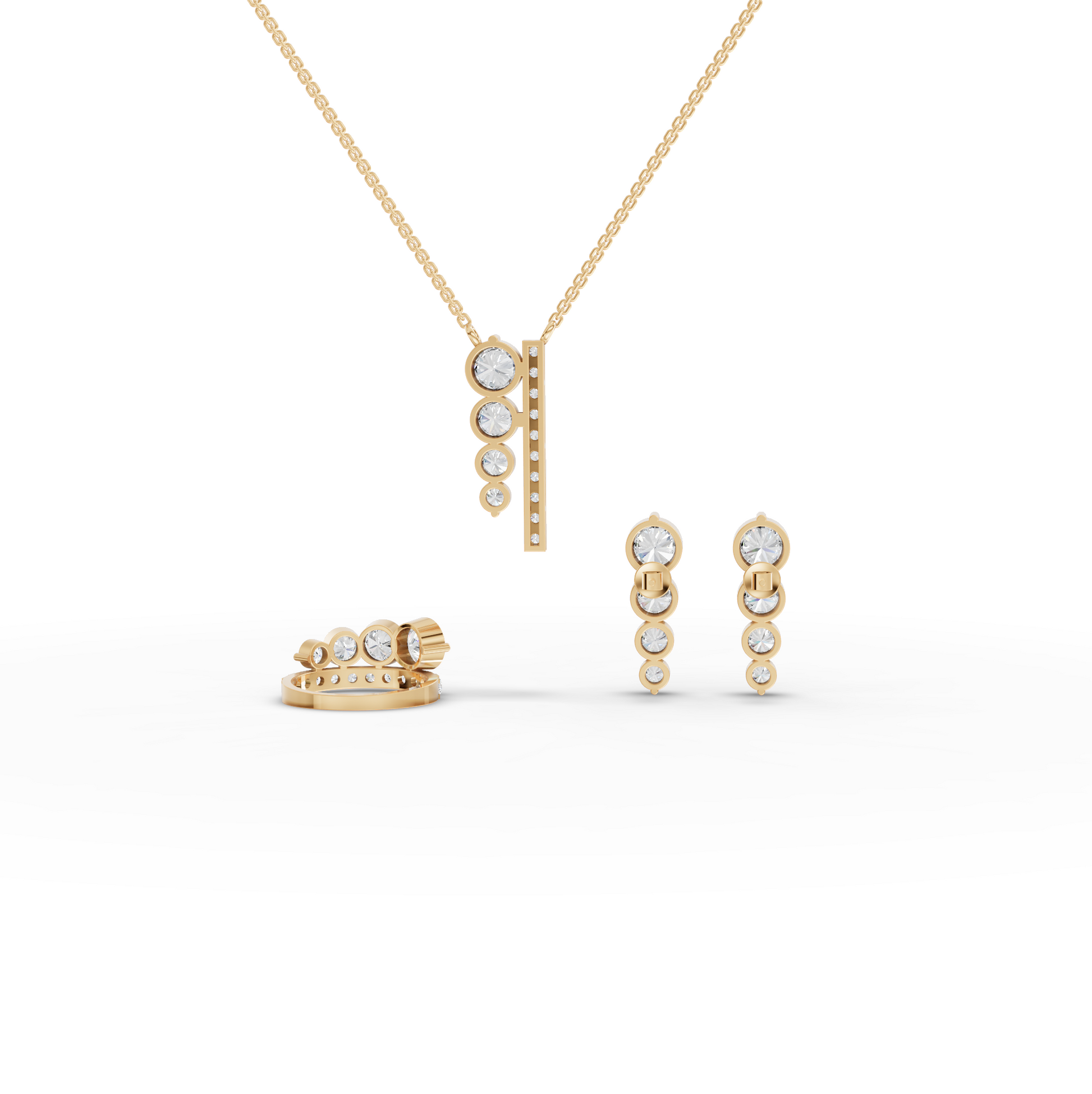 Graduated Bezel Moissanite Diamond Jewelry Set with Pendant, Earrings & Ring
