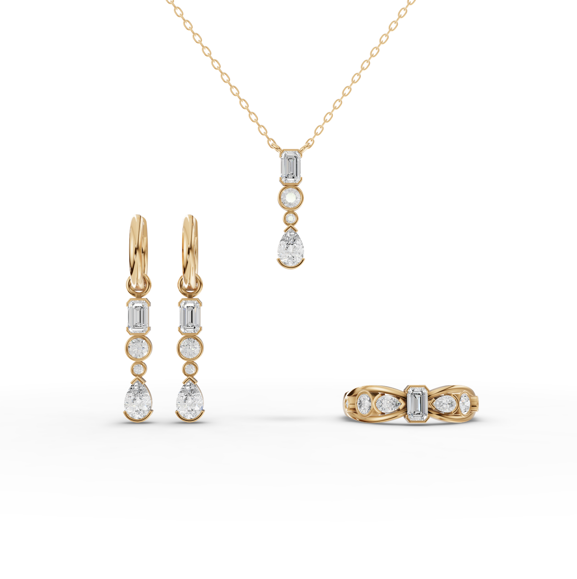 Mixed Shape Moissanite Diamond Jewelry Set with Emerald Drop Necklace & Earrings