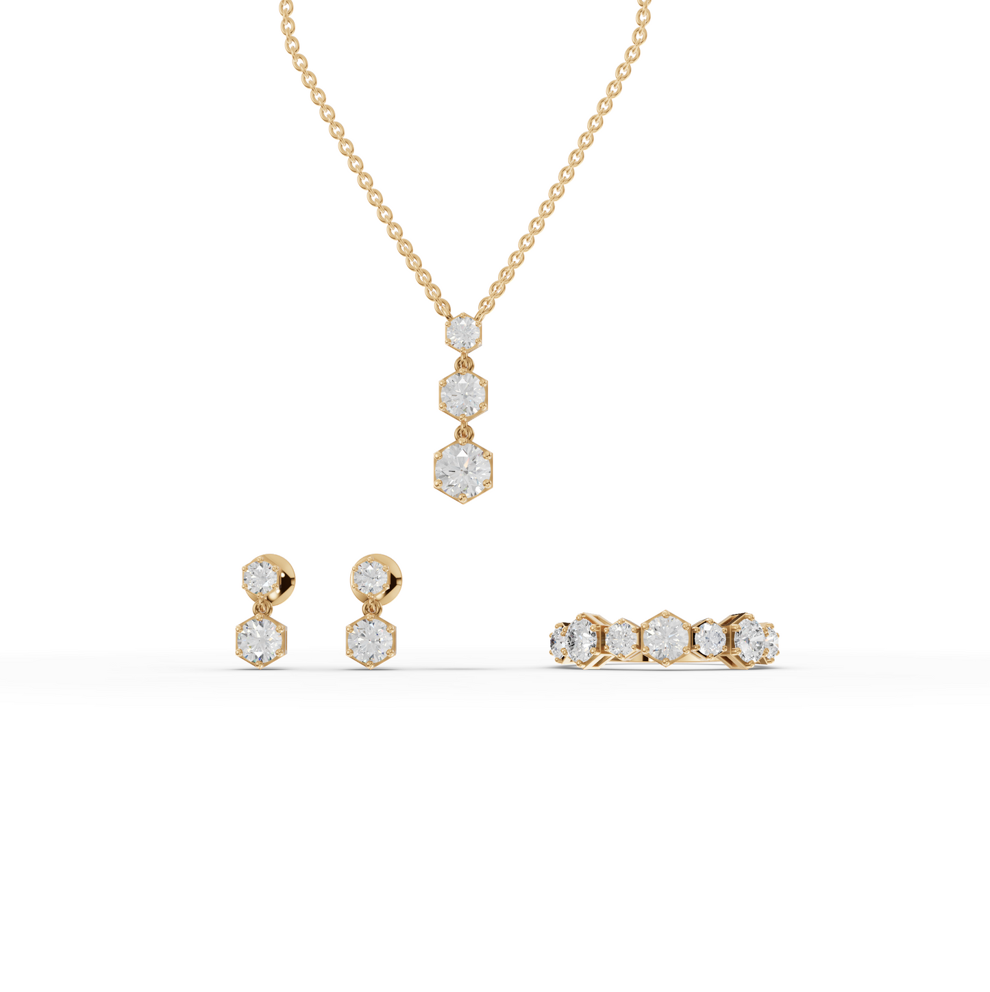 Hexagon Moissanite Diamond Jewelry Set with Drop Earrings & Eternity Band