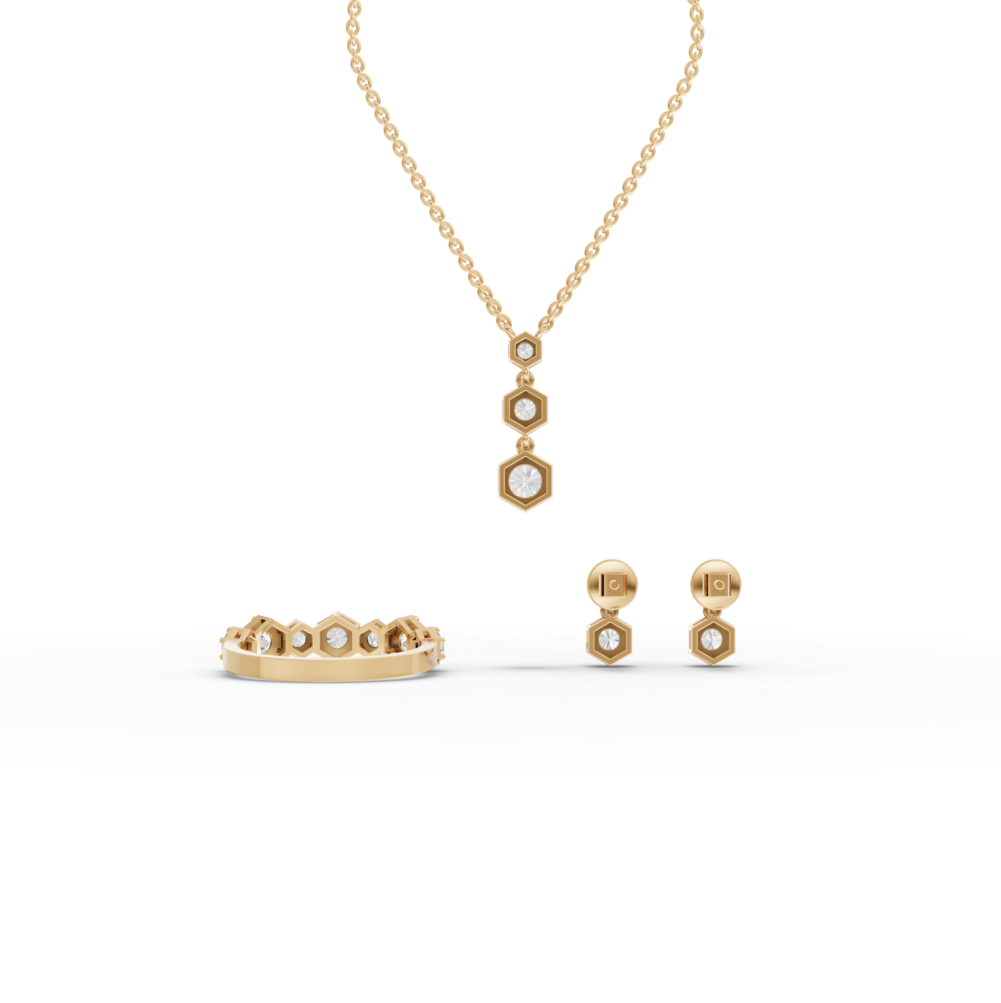 Hexagon Moissanite Diamond Jewelry Set with Drop Earrings & Eternity Band