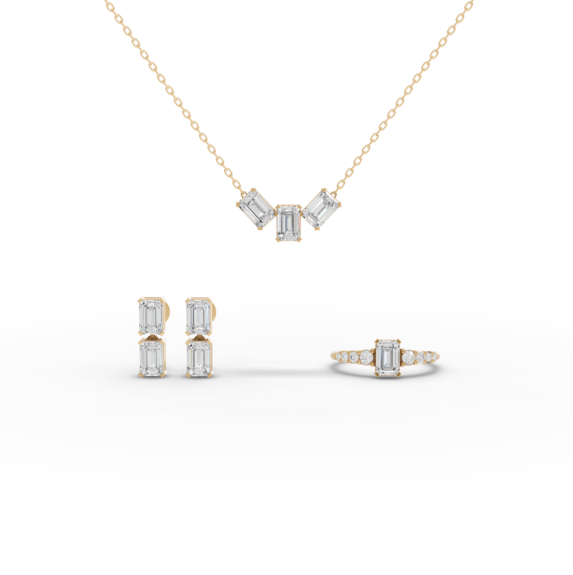 Emerald-Cut Moissanite Diamond Jewelry Set with Ring, Drop Earrings & Necklace