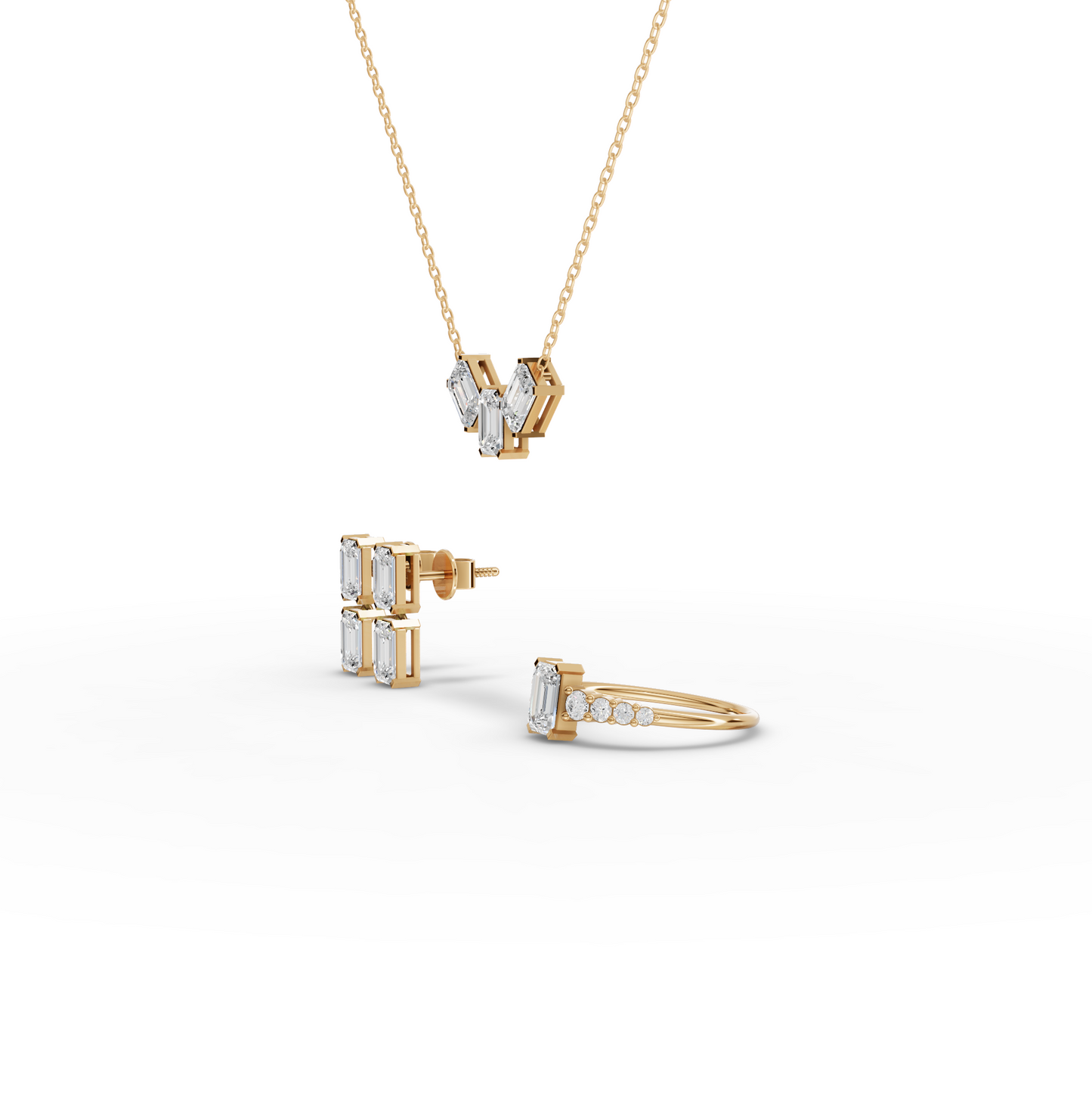 Emerald-Cut Moissanite Diamond Jewelry Set with Ring, Drop Earrings & Necklace