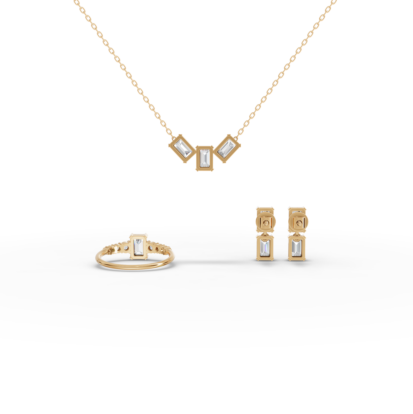 Emerald-Cut Moissanite Diamond Jewelry Set with Ring, Drop Earrings & Necklace