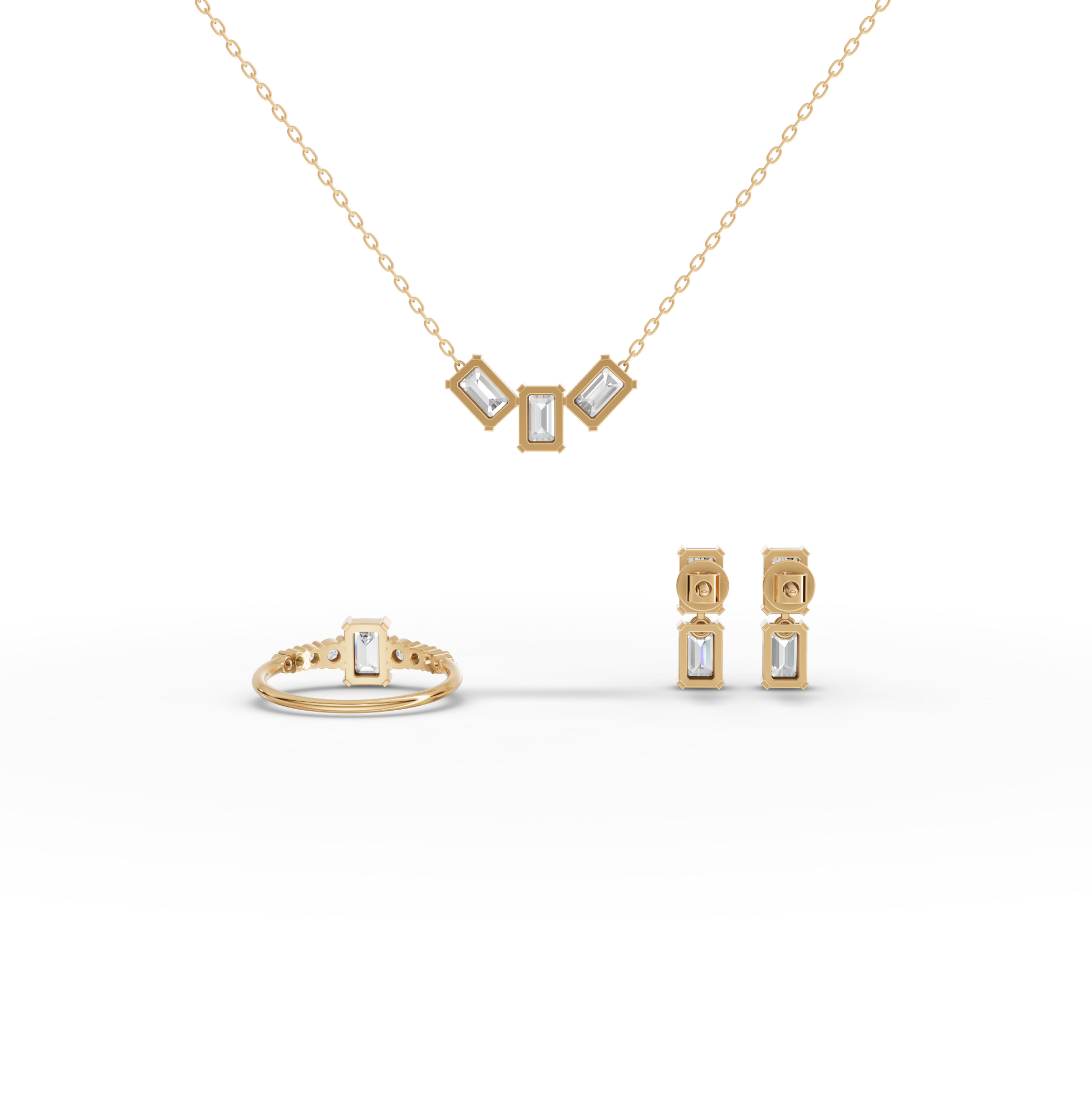 Emerald-Cut Moissanite Diamond Jewelry Set with Ring, Drop Earrings & Necklace