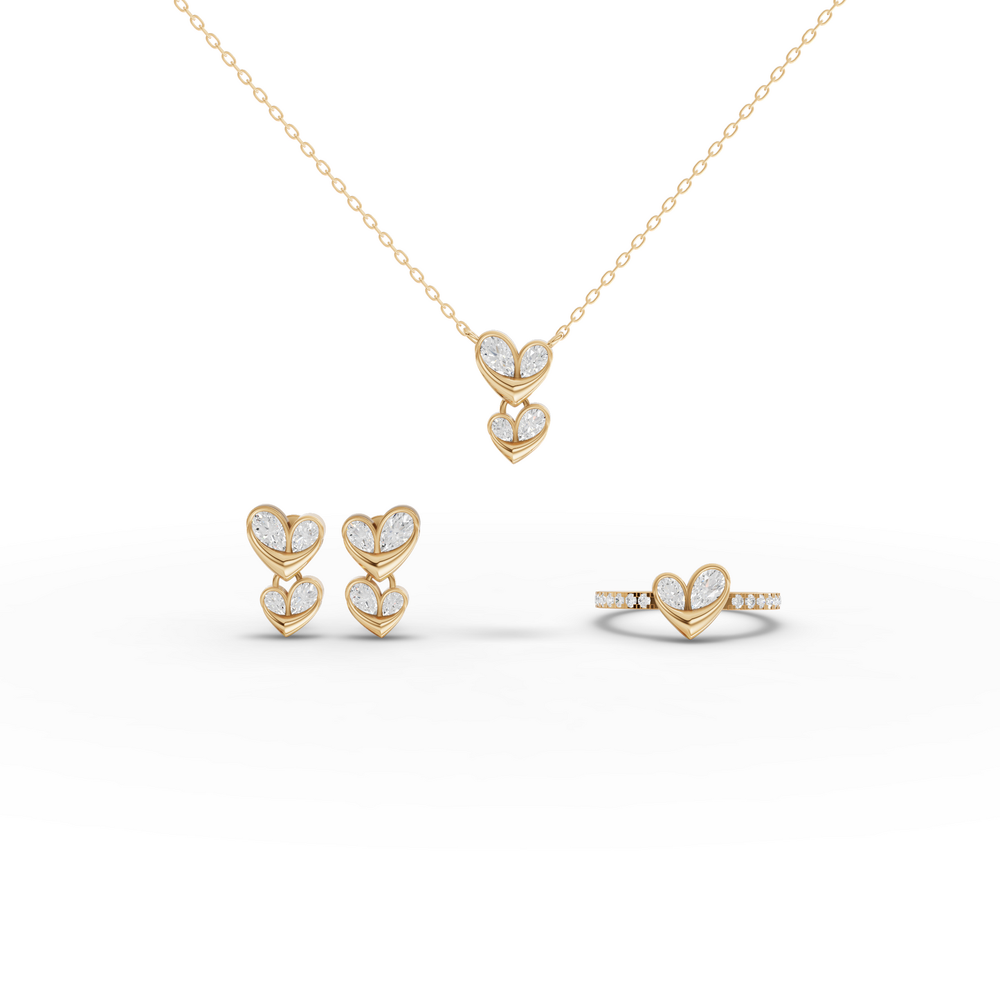 Double Heart Moissanite Diamond Jewelry Set with Ring, Earrings & Necklace