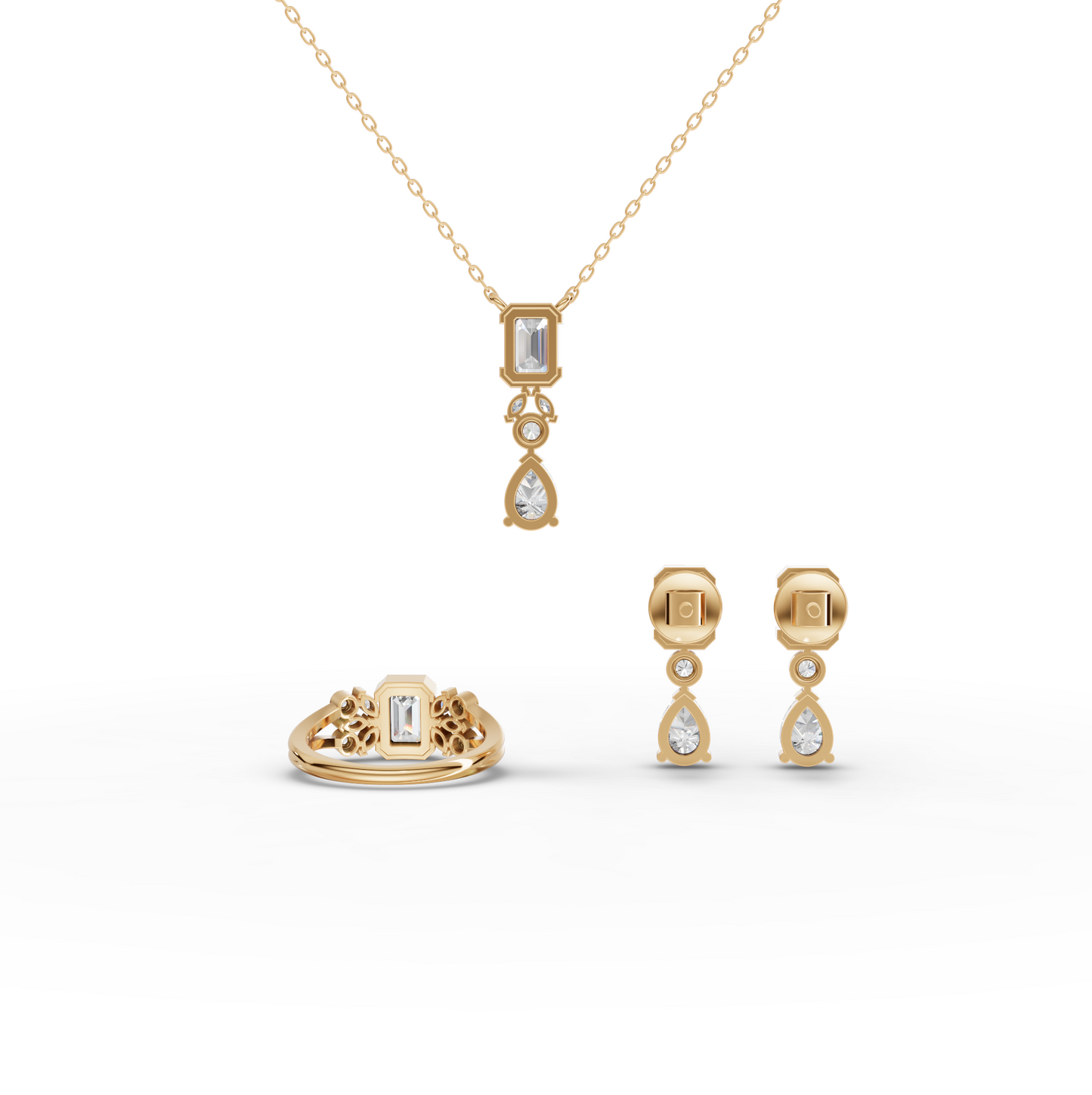 Emerald & Pear Moissanite Diamond Jewelry Set with Necklace, Earrings & Cluster Ring